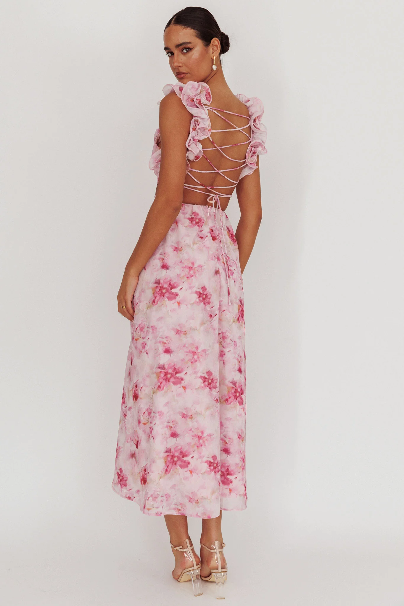 Madara Lace-Up Back Floral Maxi Dress Lilac - Seraphlike