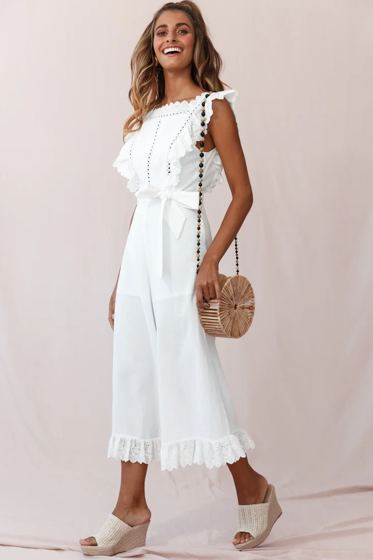 Meadow Ruffle Strap Open Back Midi Jumpsuit White - Seraphlike