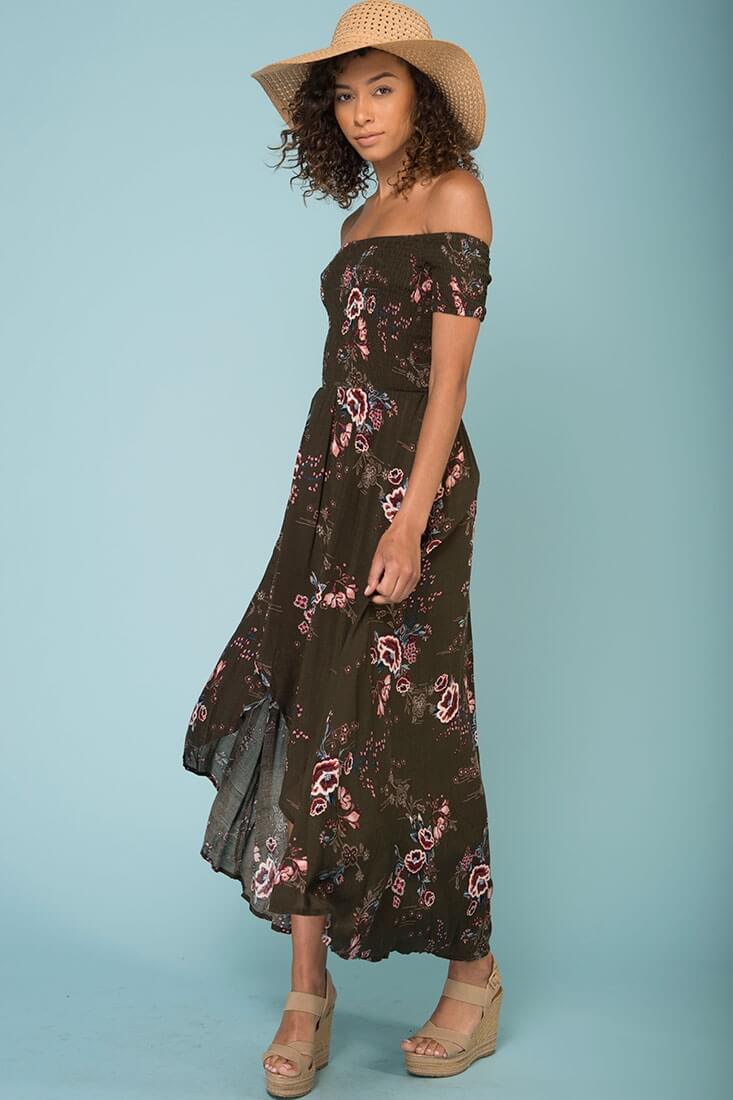 Summer Picnic Floral Print High Low Midi Dress Khaki - Seraphlike