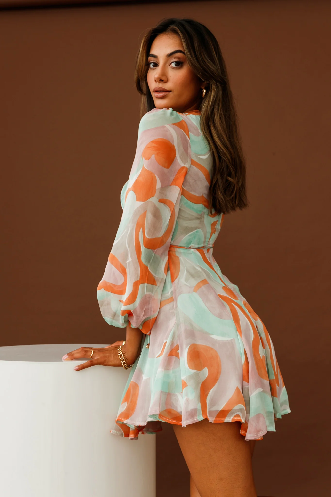 Estelle Long Sleeve V-Neckline Dress Swirl Print Orange/Mint - Seraphlike