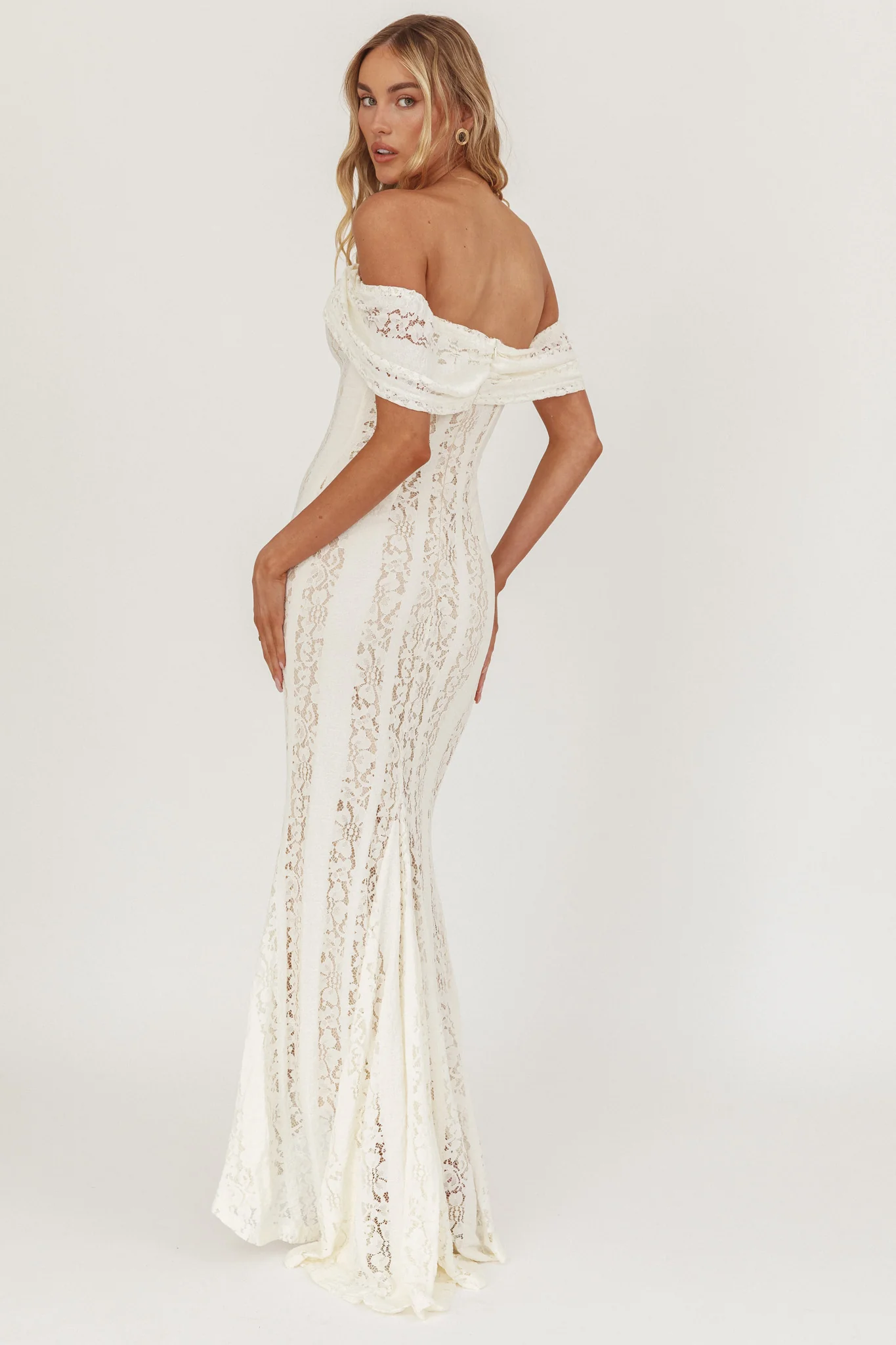 Enigma Off-Shoulder Maxi Dress Lace Cream - Seraphlike