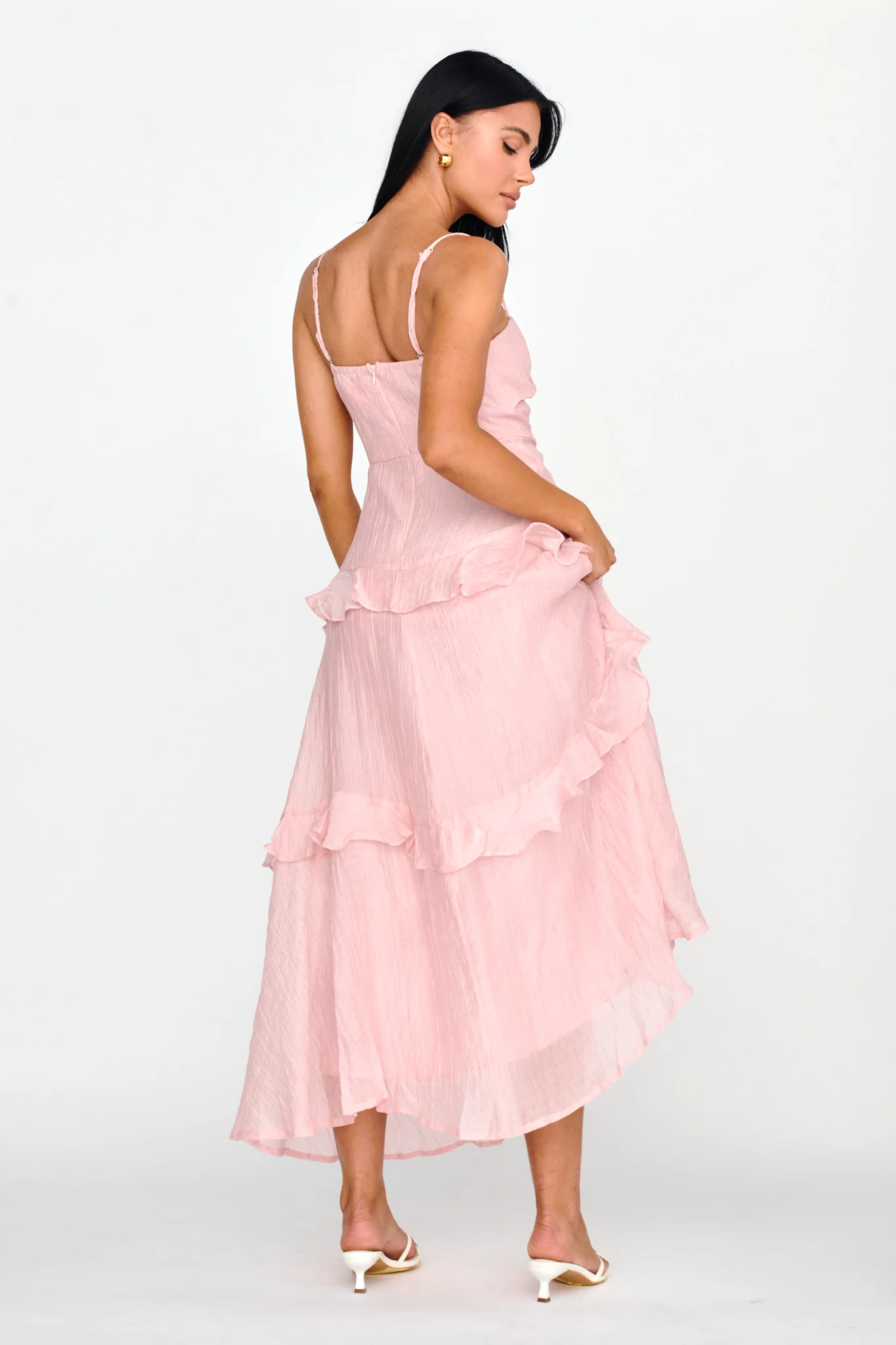 Rise & Glow Frill Trim Textured Midi Dress Blush - Seraphlike