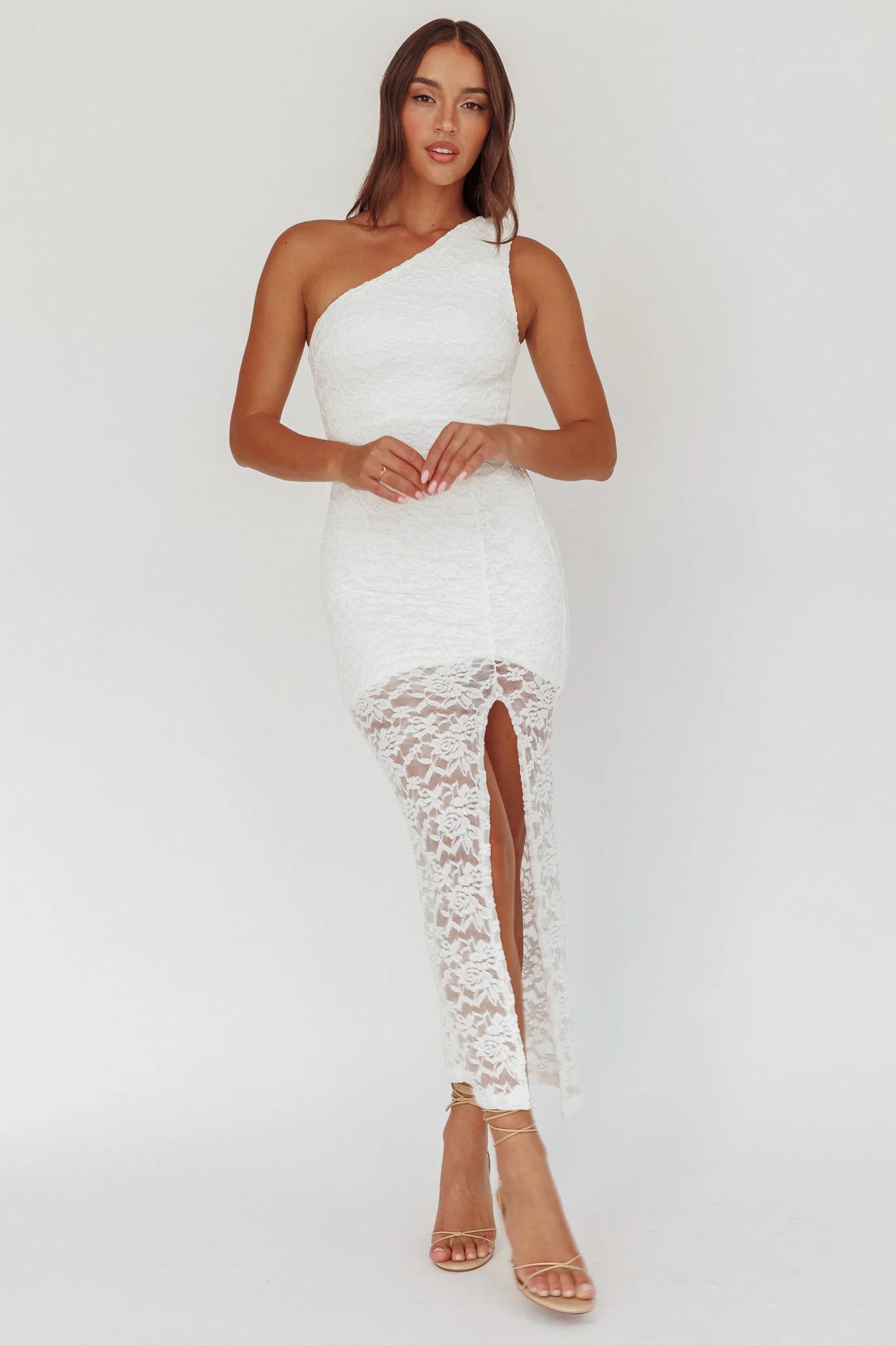 Lingering Love One-Shoulder Split Midi Dress Lace White - Seraphlike