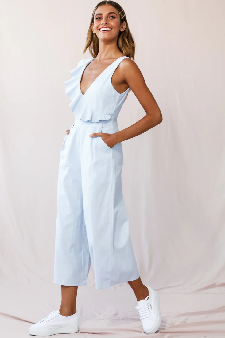 Cheryl Ruffle Strap Wide Leg Jumpsuit Steel Blue - Seraphlike