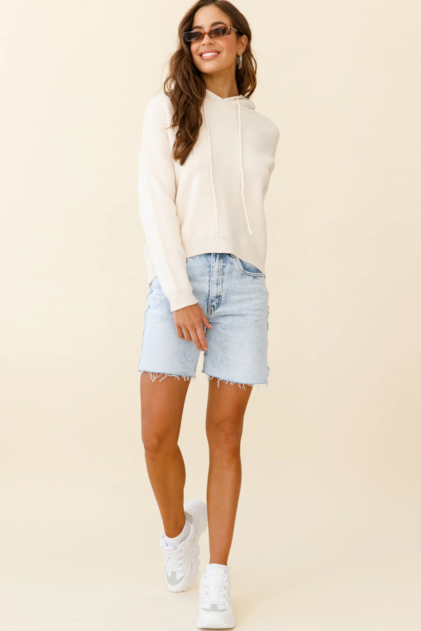 Nightrider Drop Sleeve Hooded Sweater Cream - Seraphlike