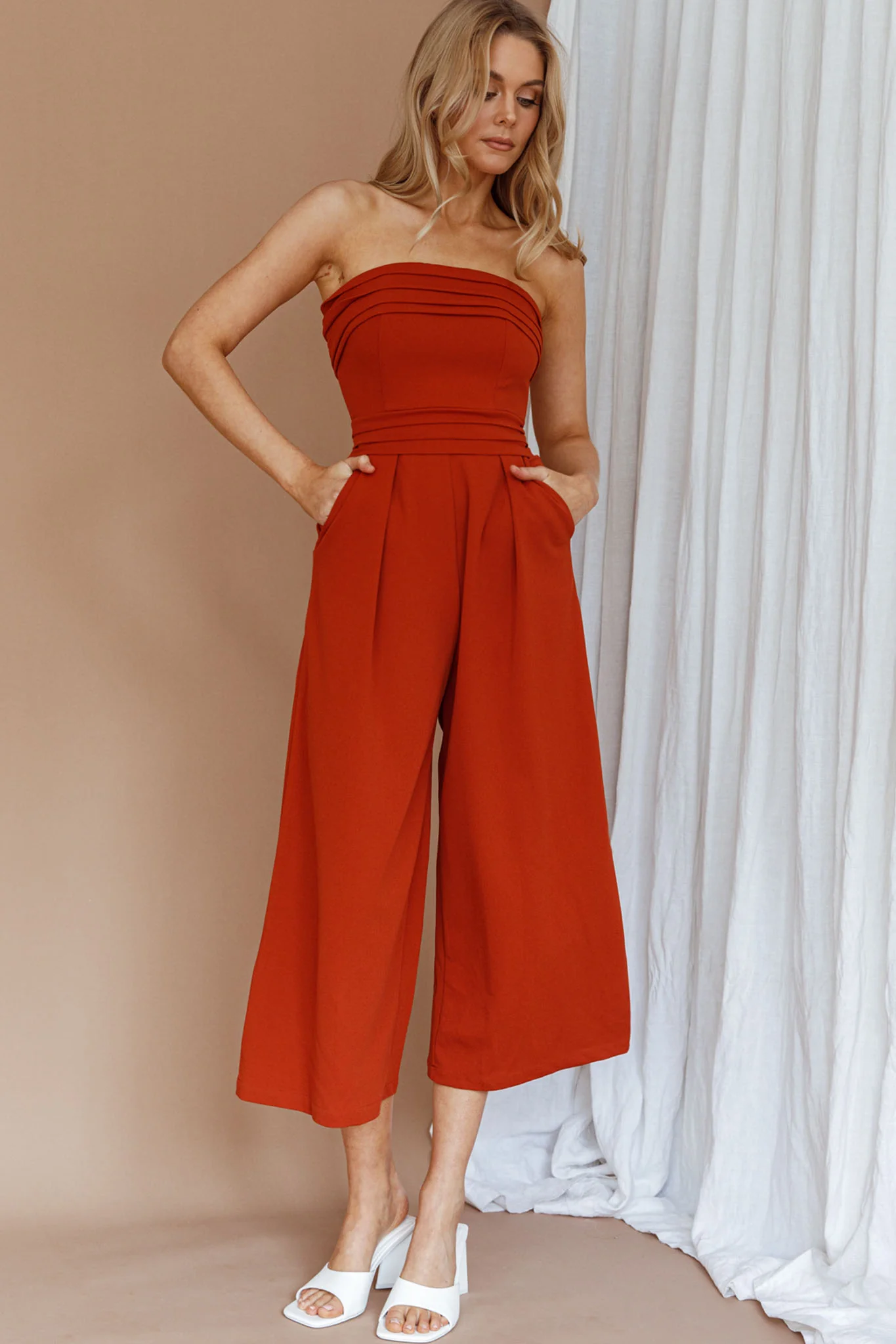 Chosen Strapless Wide Leg Jumpsuit Orange - Seraphlike