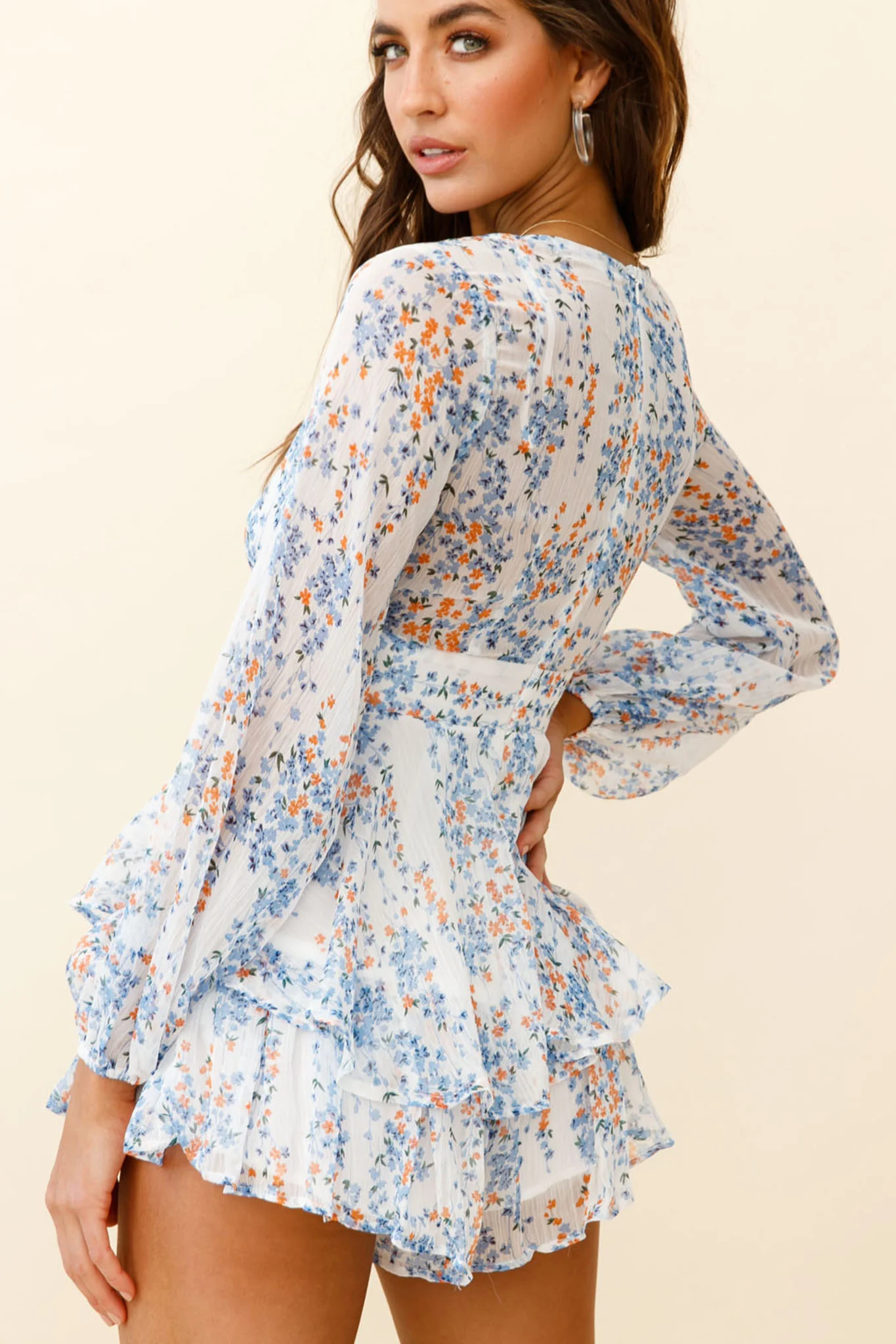 Maddox Fit & Flare Long Sleeve Romper Floral Vine White - Seraphlike