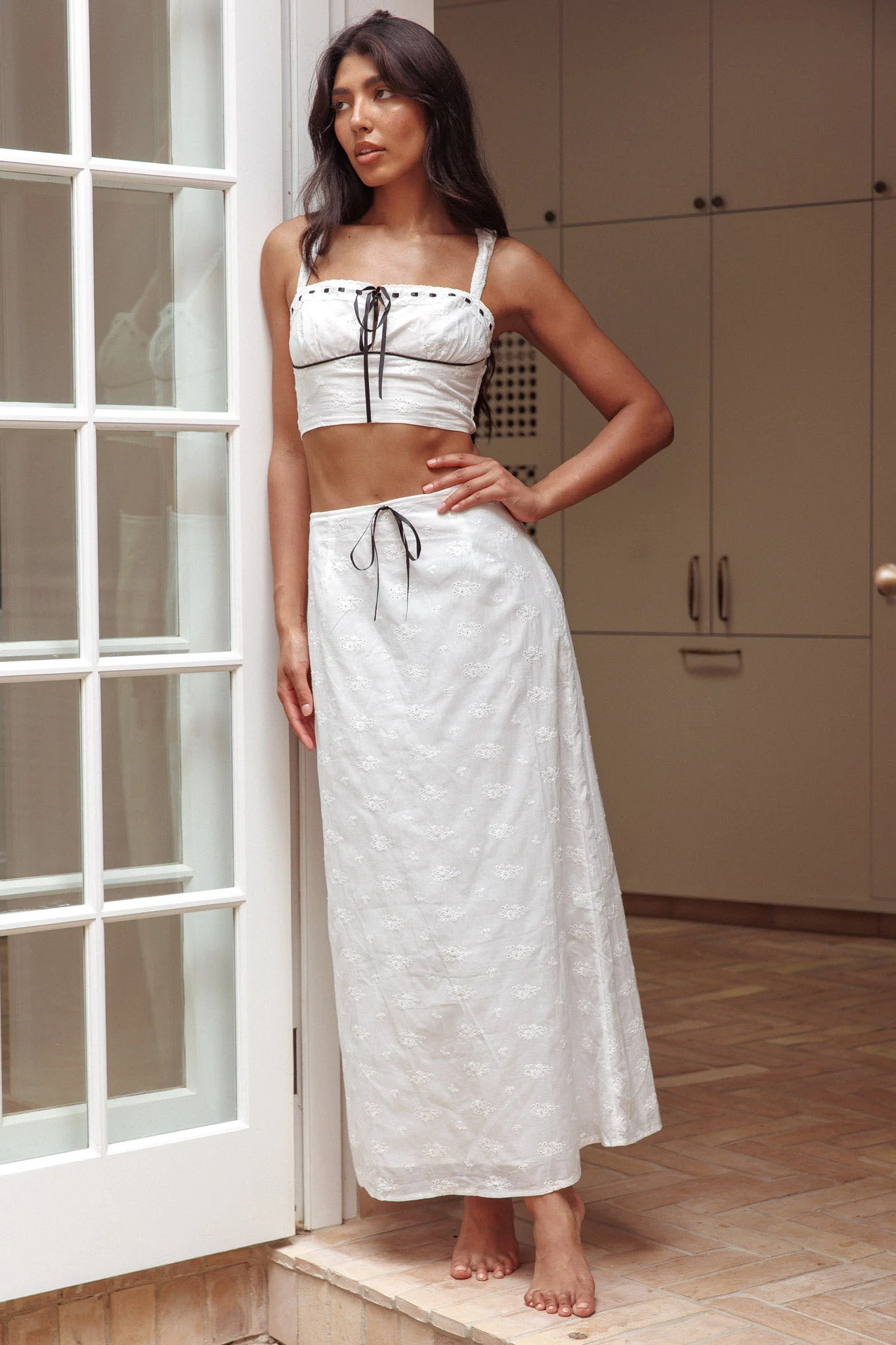 Helga Eyelet Embroidery Bow Maxi Skirt White - Seraphlike