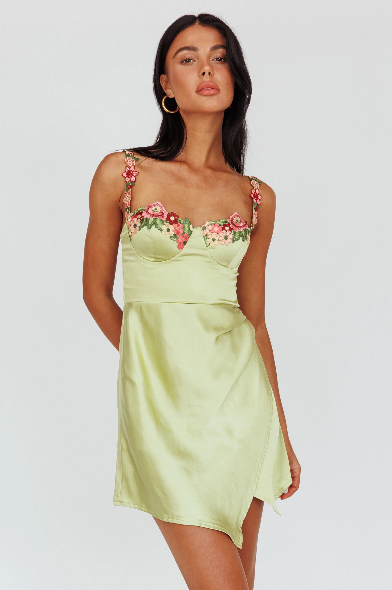 Rose Garden Floral Applique Wrap Mini Dress Lime - Seraphlike