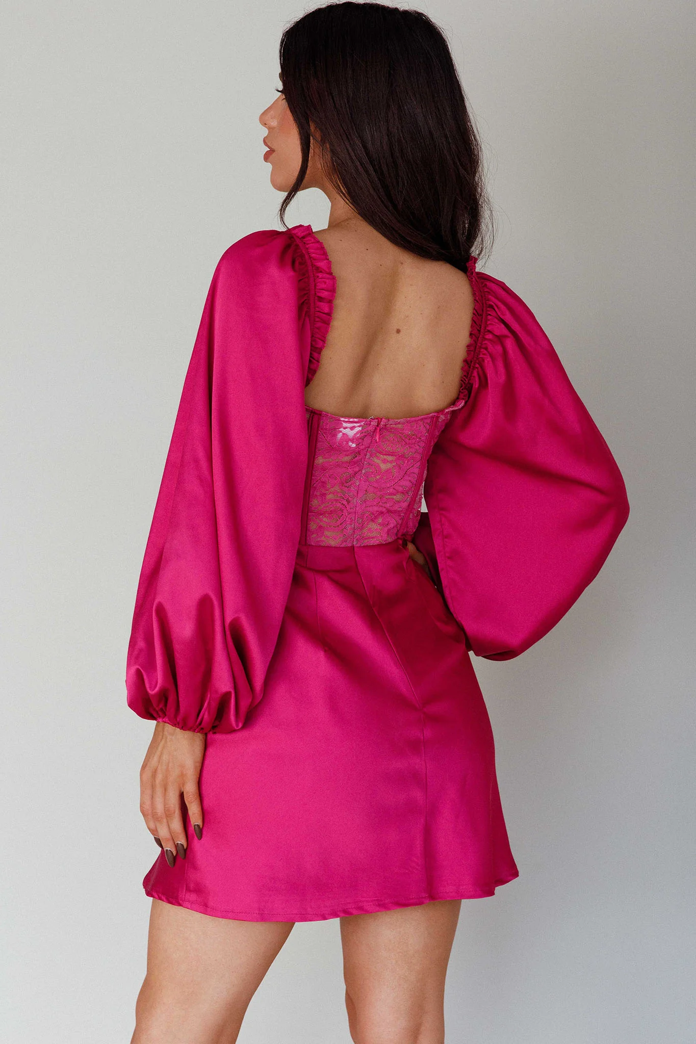 Trophy Long Sleeve Lace Bodice Mini Dress Plum - Seraphlike