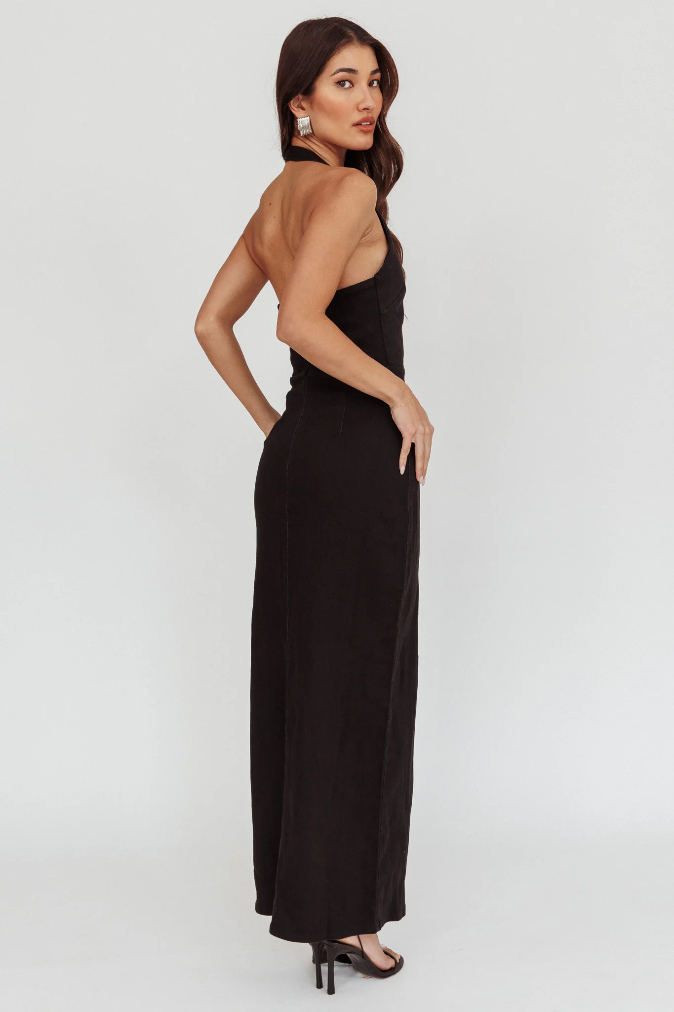 Renita Halterneck Button Maxi Dress Black - Seraphlike
