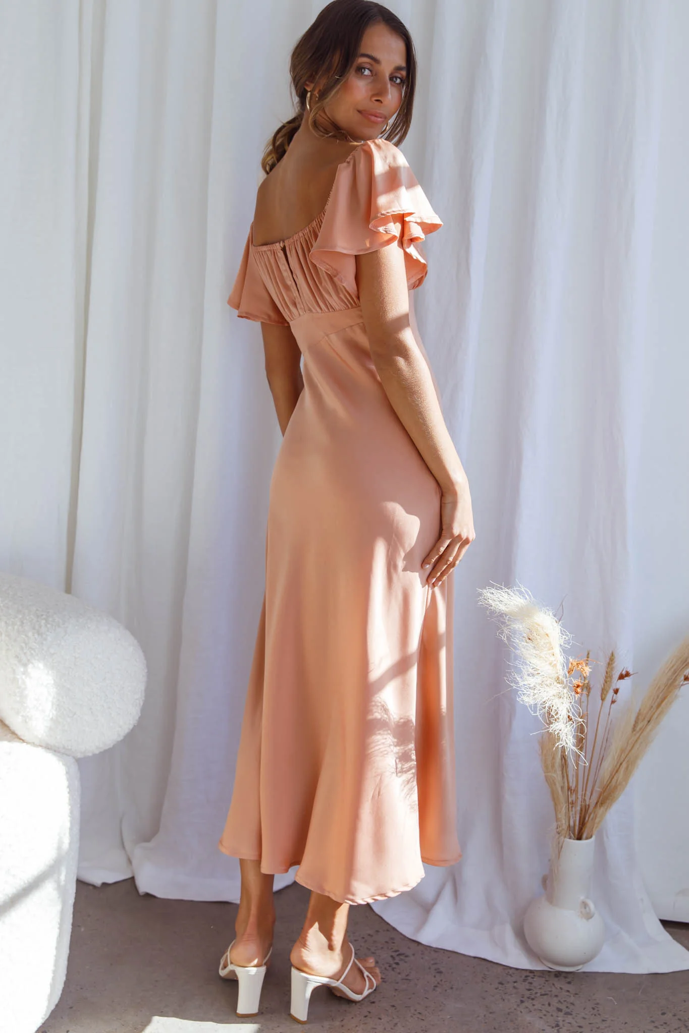 Park Avenue Flutter Sleeve Side Split Midi Dress Apricot - Seraphlike