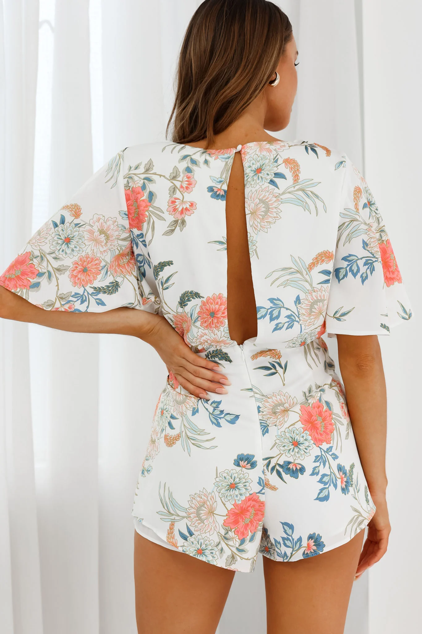 Nadi V-Neckline Wrap Romper Floral Print White - Seraphlike