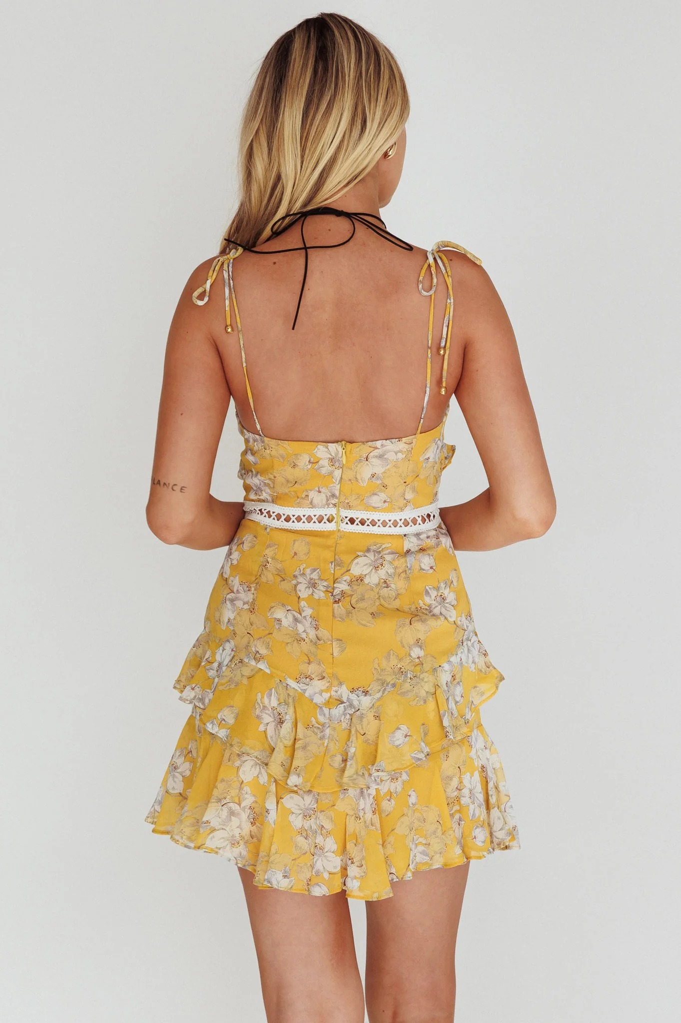 Flower Child Bust Tie Crochet Trim Dress Orchid Print Yellow - Seraphlike