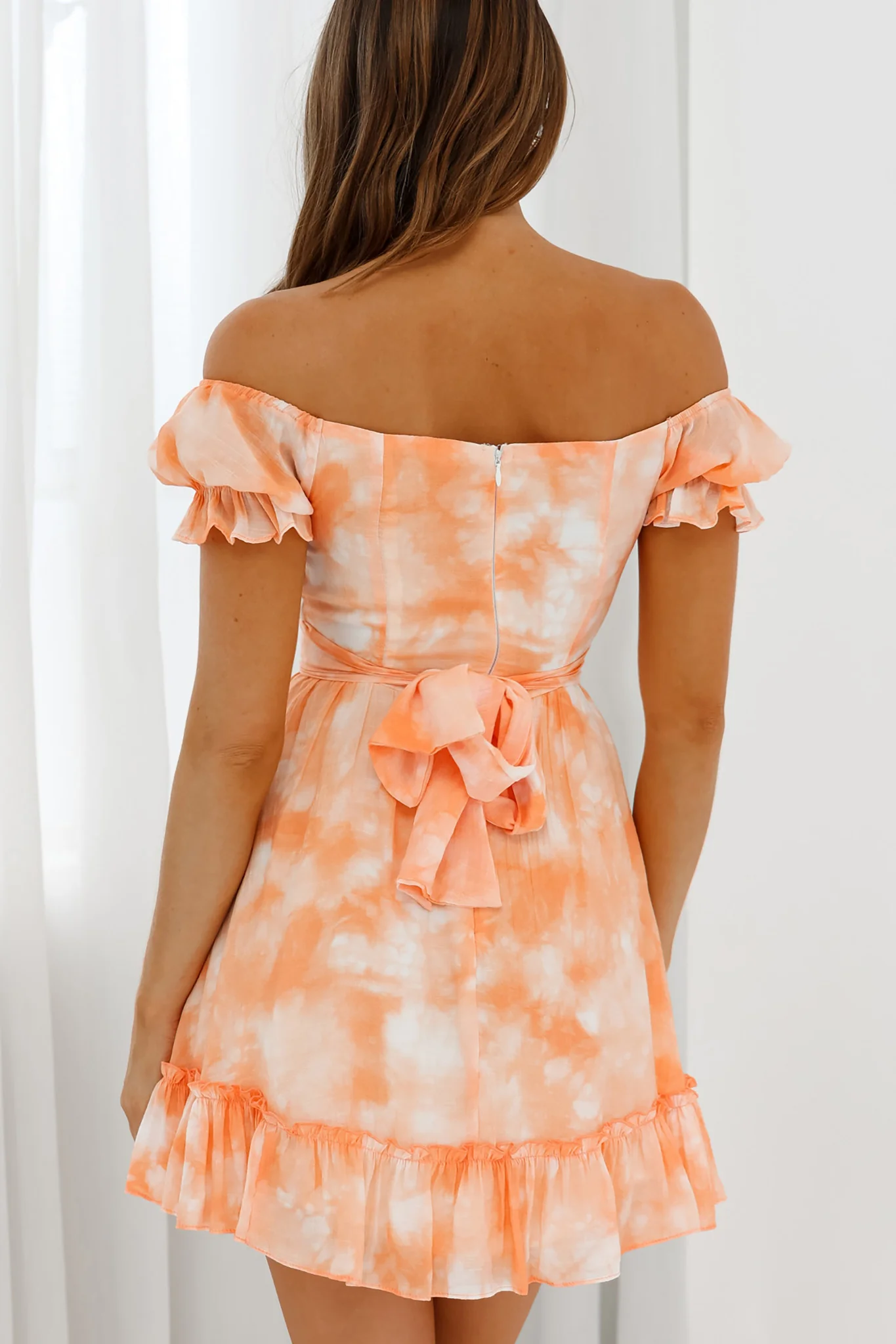 Linka Off-Shoulder Tie Back Dress Marbled Tie-Dye Orange - Seraphlike