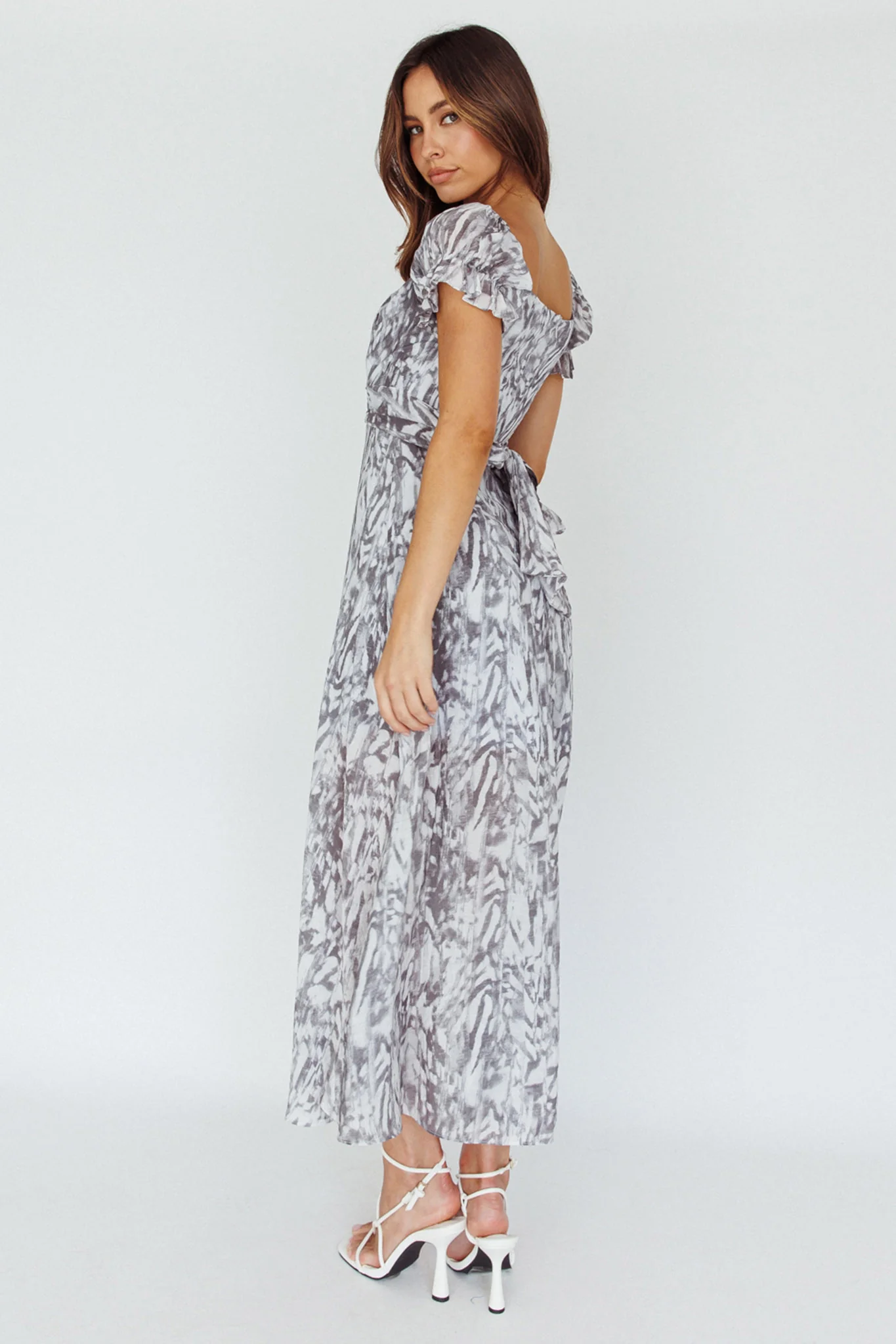 Linka Off-Shoulder Tie Back Midi Dress Printed Grey - Seraphlike