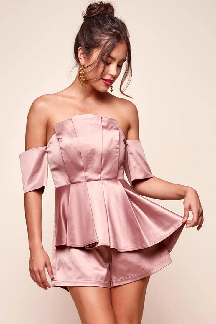 Aly Off the Shoulder Satin Romper Mocha - Seraphlike