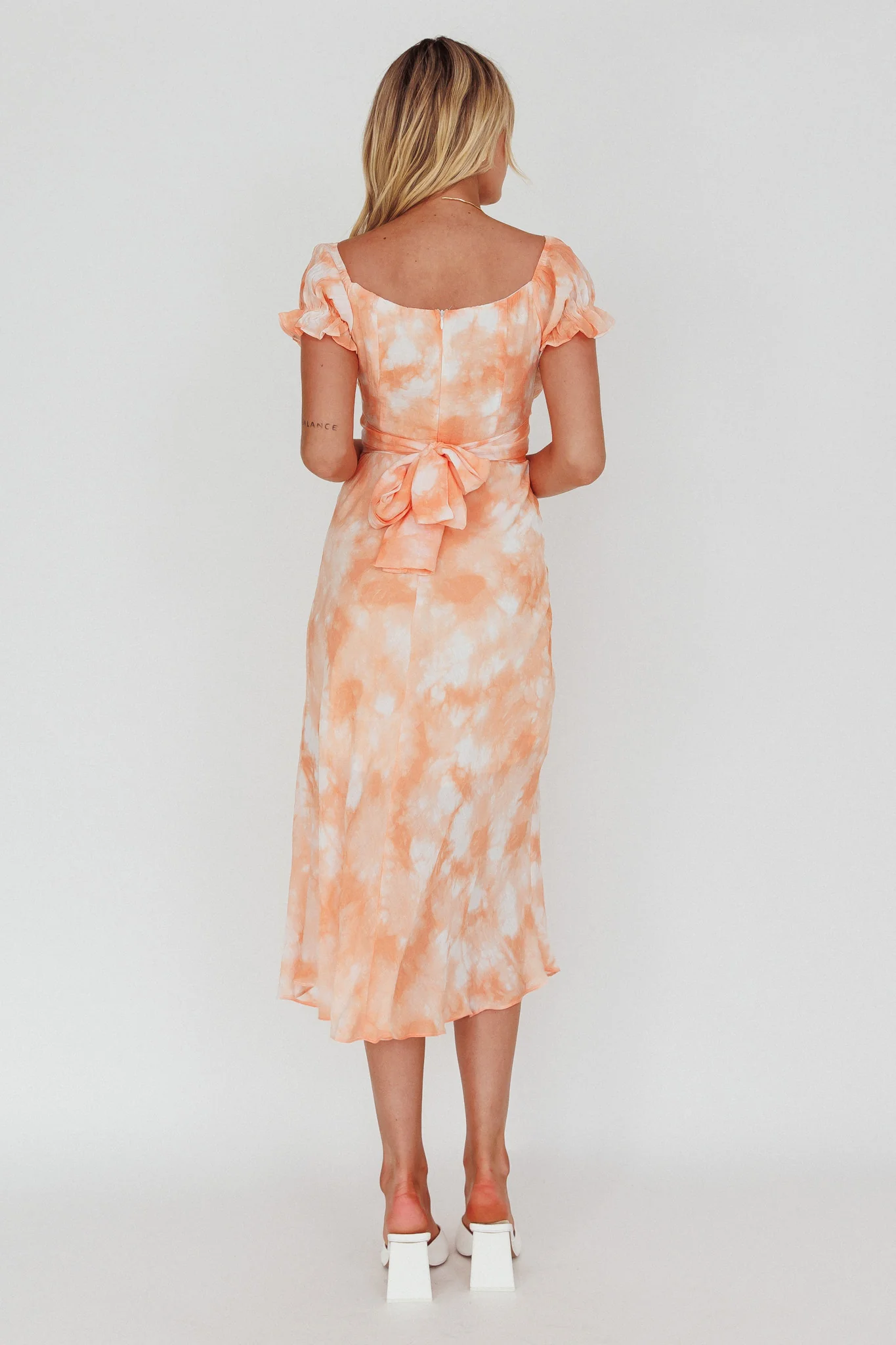 Linka Puff Sleeve Midi Dress Tie-Dye Orange - Seraphlike
