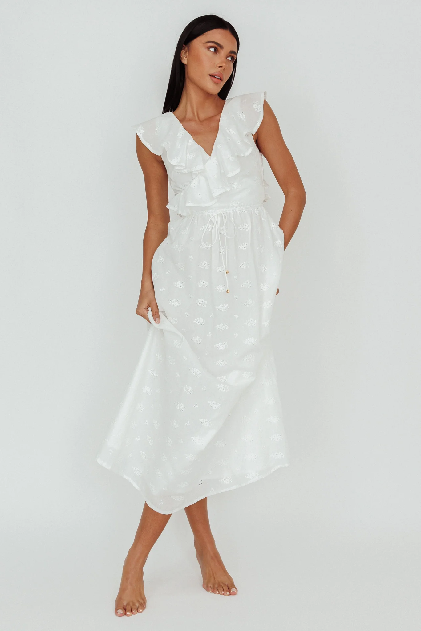 Primrosia Tied Back Maxi Dress Eyelet White - Seraphlike