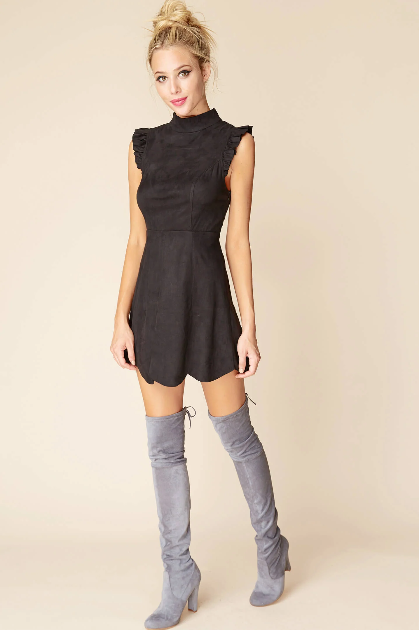 Kylie Ruffled Sleeve Suede Dress Black - Seraphlike