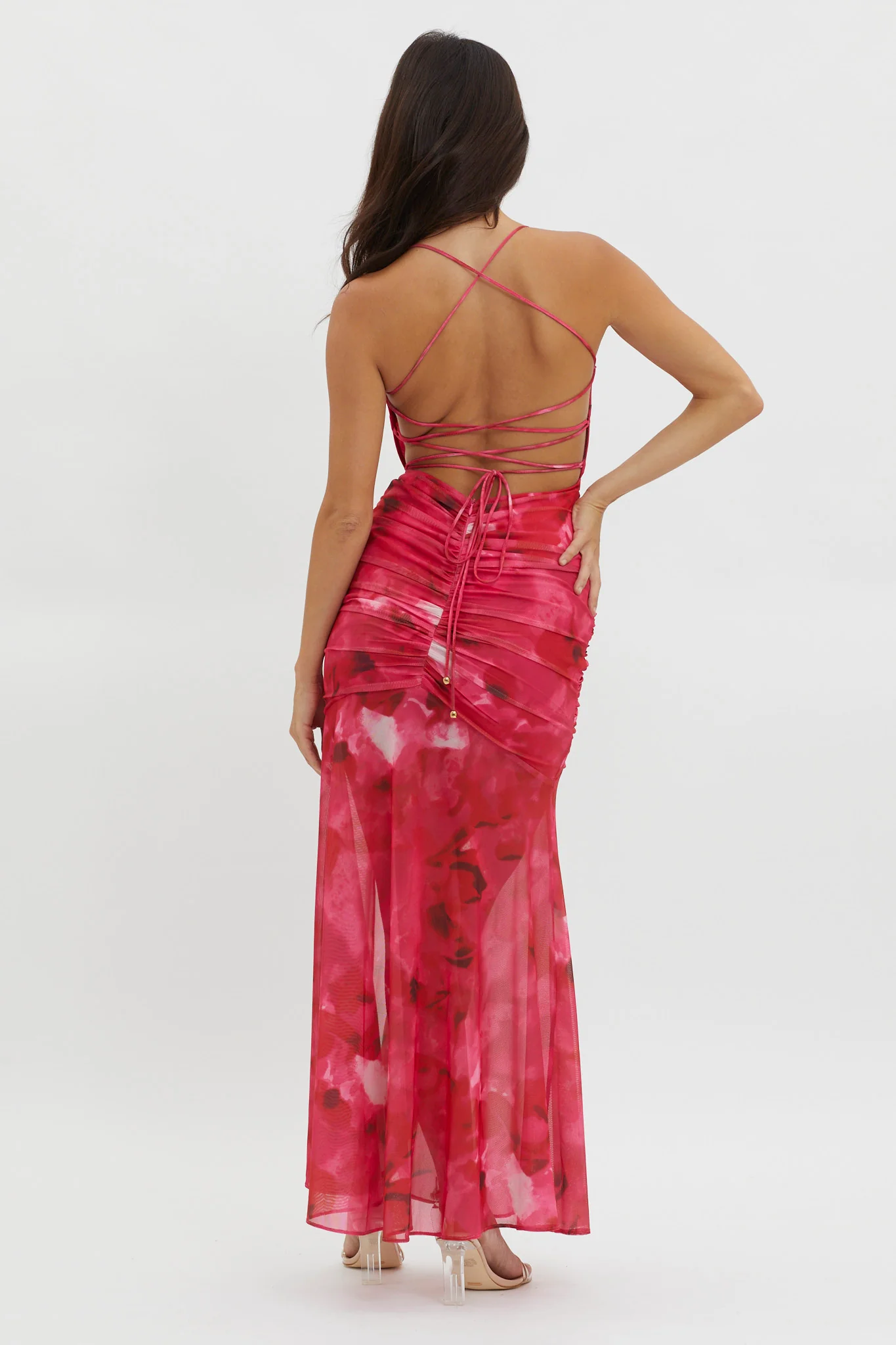 Apryl Ruched Lace-Up Back Dress Pink - Seraphlike