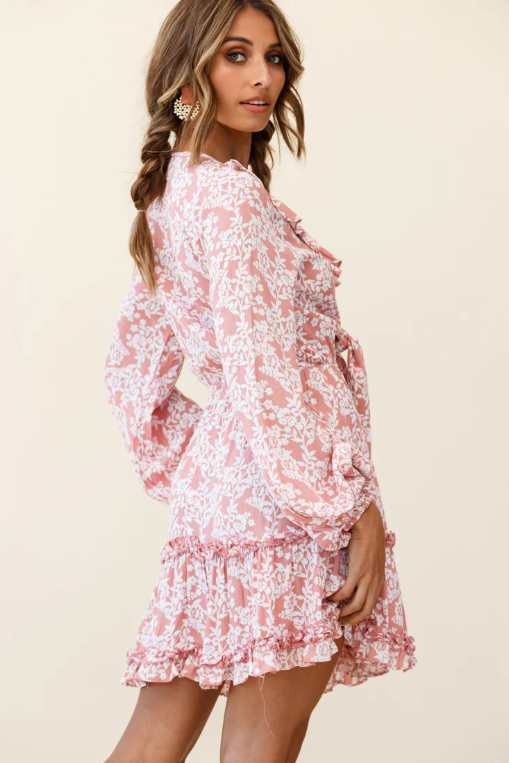 Sunny Daze Long Sleeve Tie-Knot Bust Dress Floral Print Pink - Seraphlike