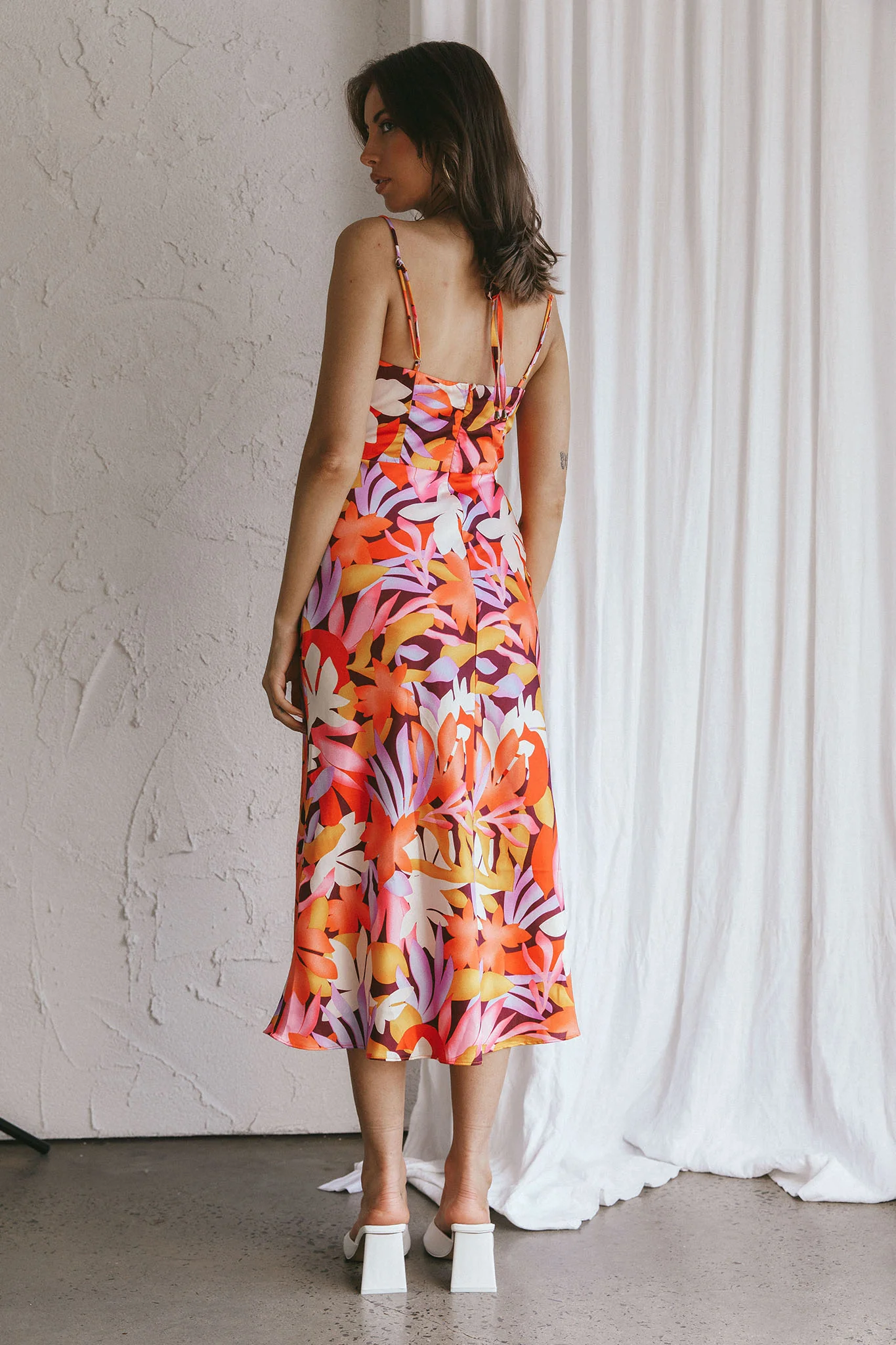 Emmalie Satin Midi Dress Floral Orange - Seraphlike