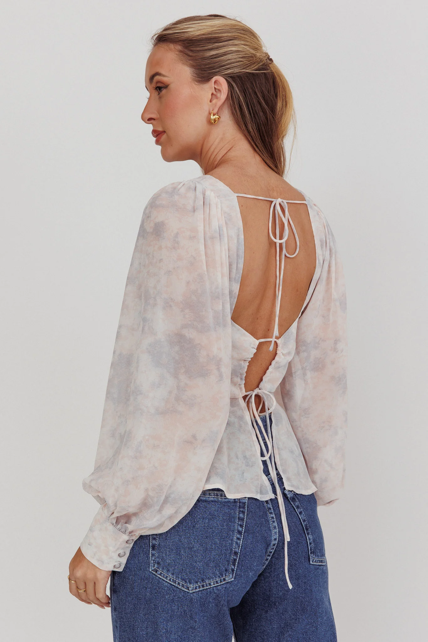 Helix Balloon Sleeves Peplum Top Dusty Blue/Peach - Seraphlike