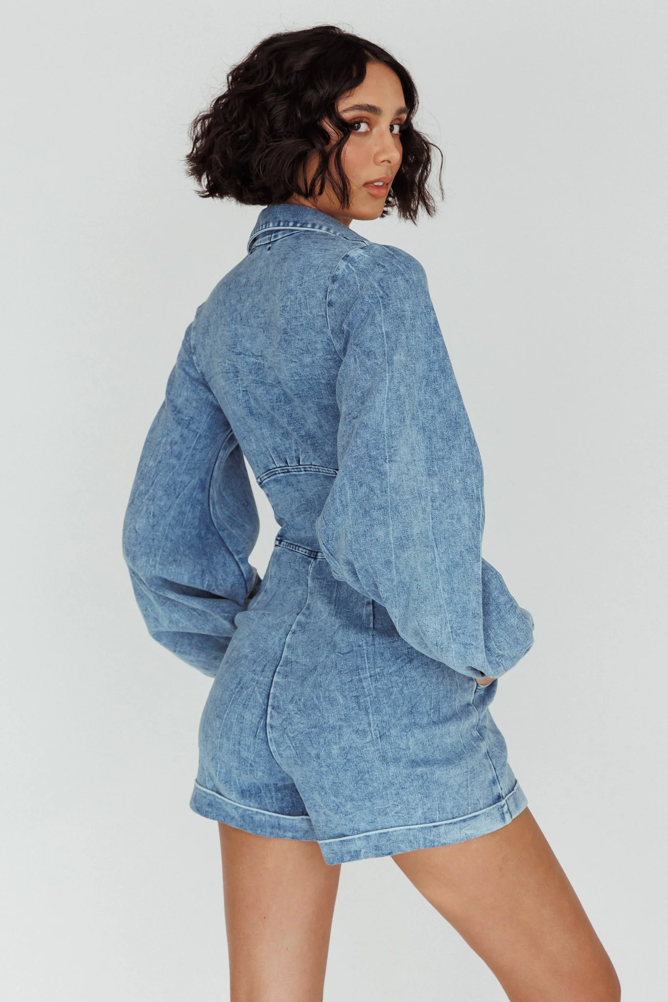 South Beach Long Sleeve Collared Romper Denim - Seraphlike