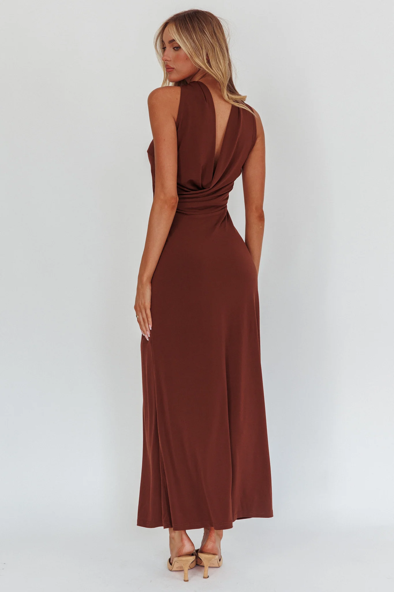 Damsel Reverse Halter Maxi Dress Chocolate - Seraphlike