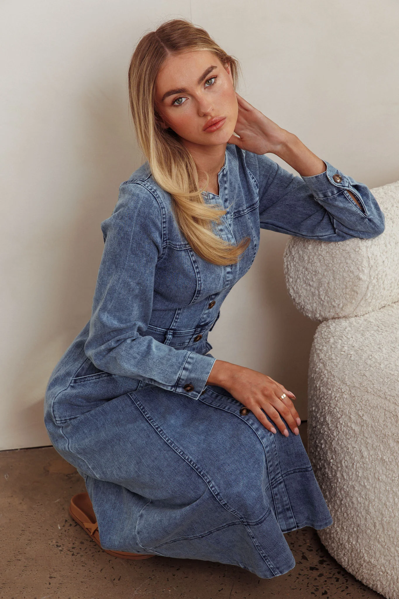 Aspen Love Front Pocket Midi Dress Denim Blue - Seraphlike