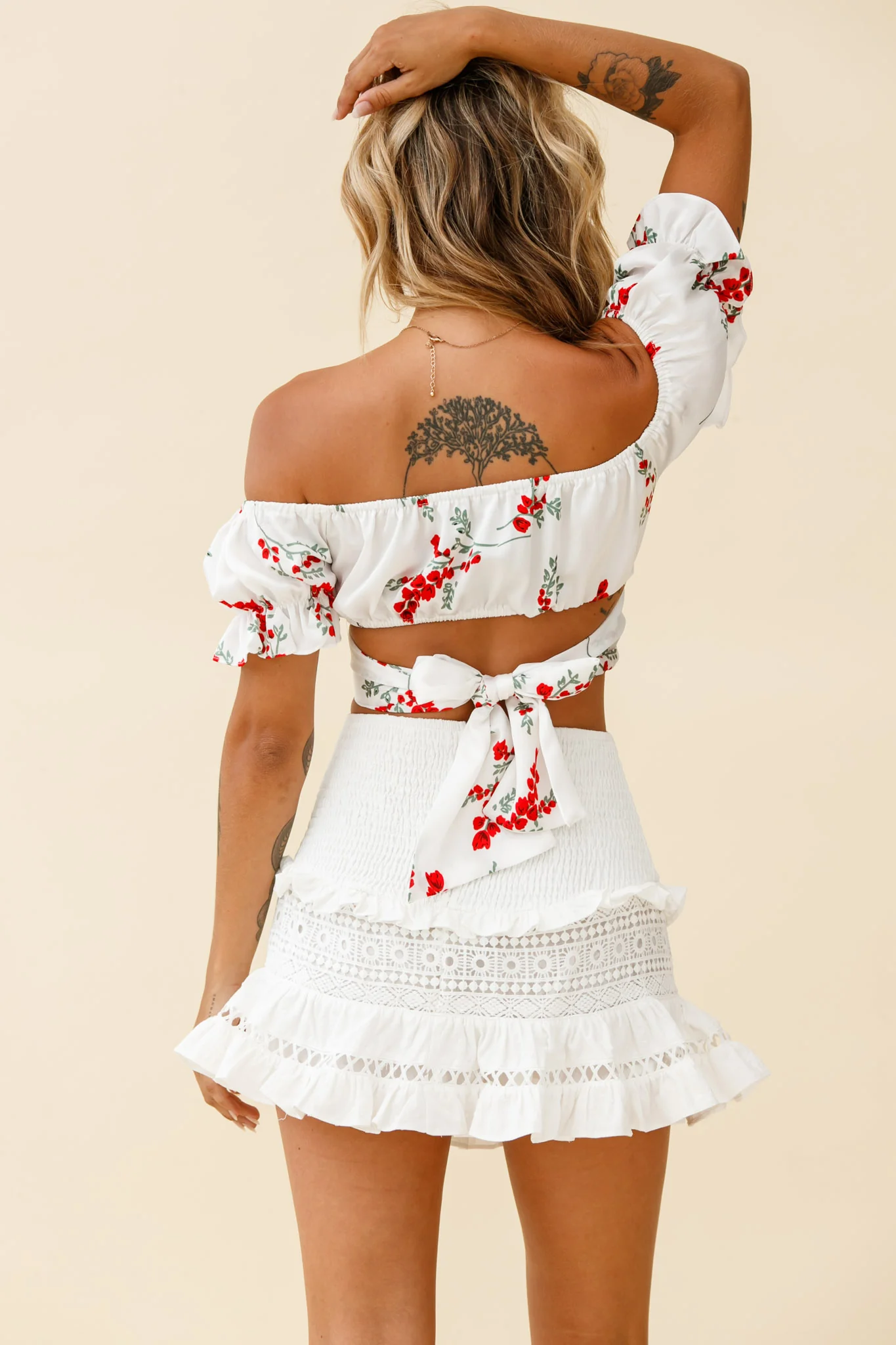Linka Off-Shoulder Tie-Back Crop Top Red Floral Print White - Seraphlike