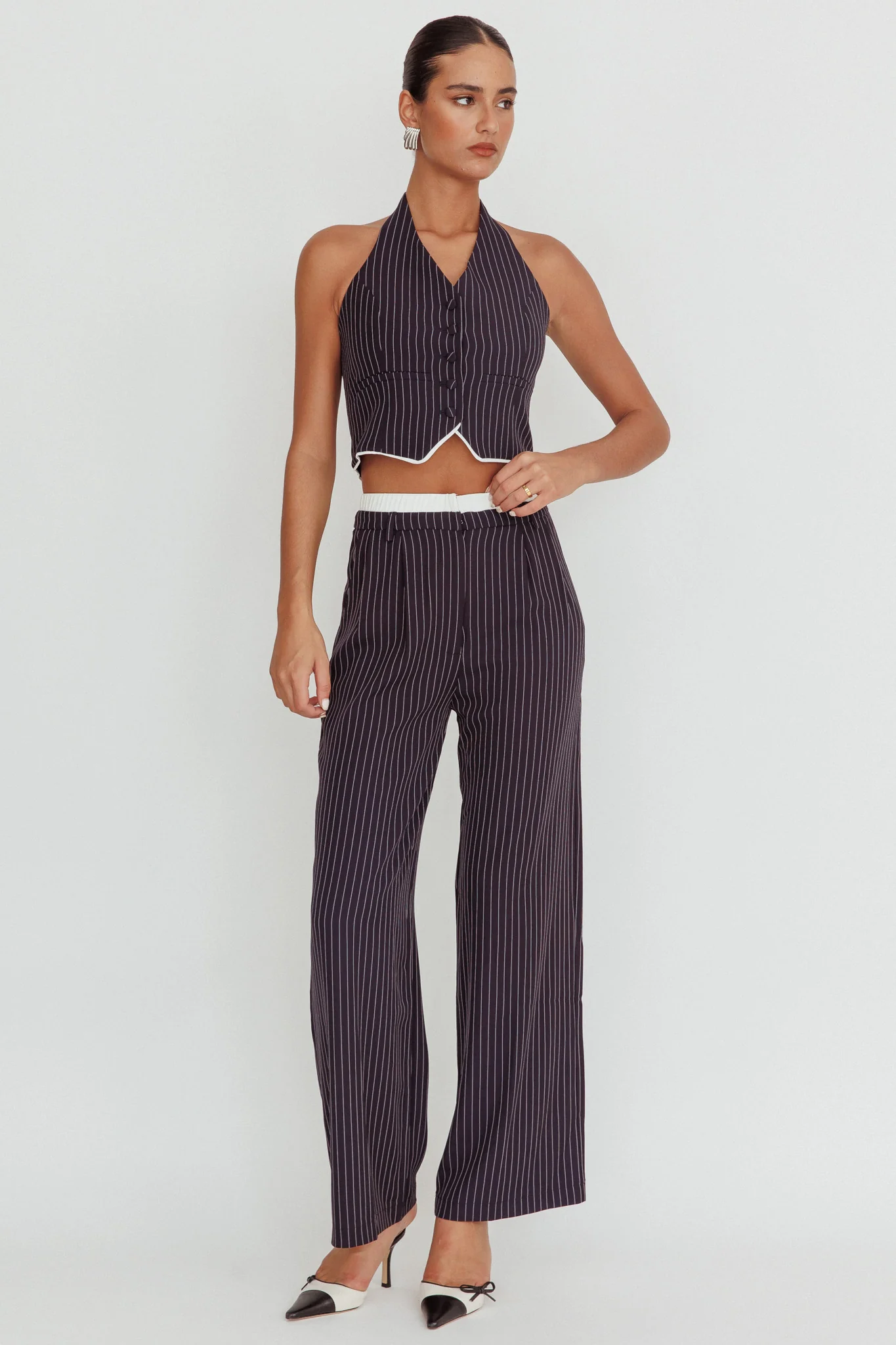 Lilija Pinstripe Double Waistband Wide-Leg Pants Navy - Seraphlike