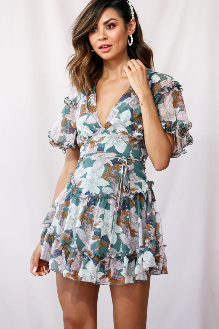 Psalm Angel Sleeve Frill Dress Olive - Seraphlike