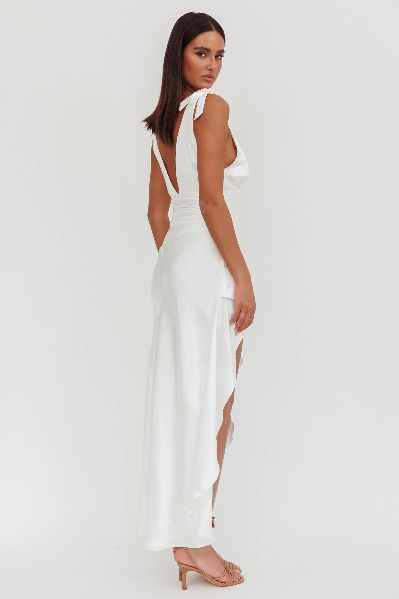Aquila Tied Shoulder High-Low Hem Dress Oyster - Seraphlike