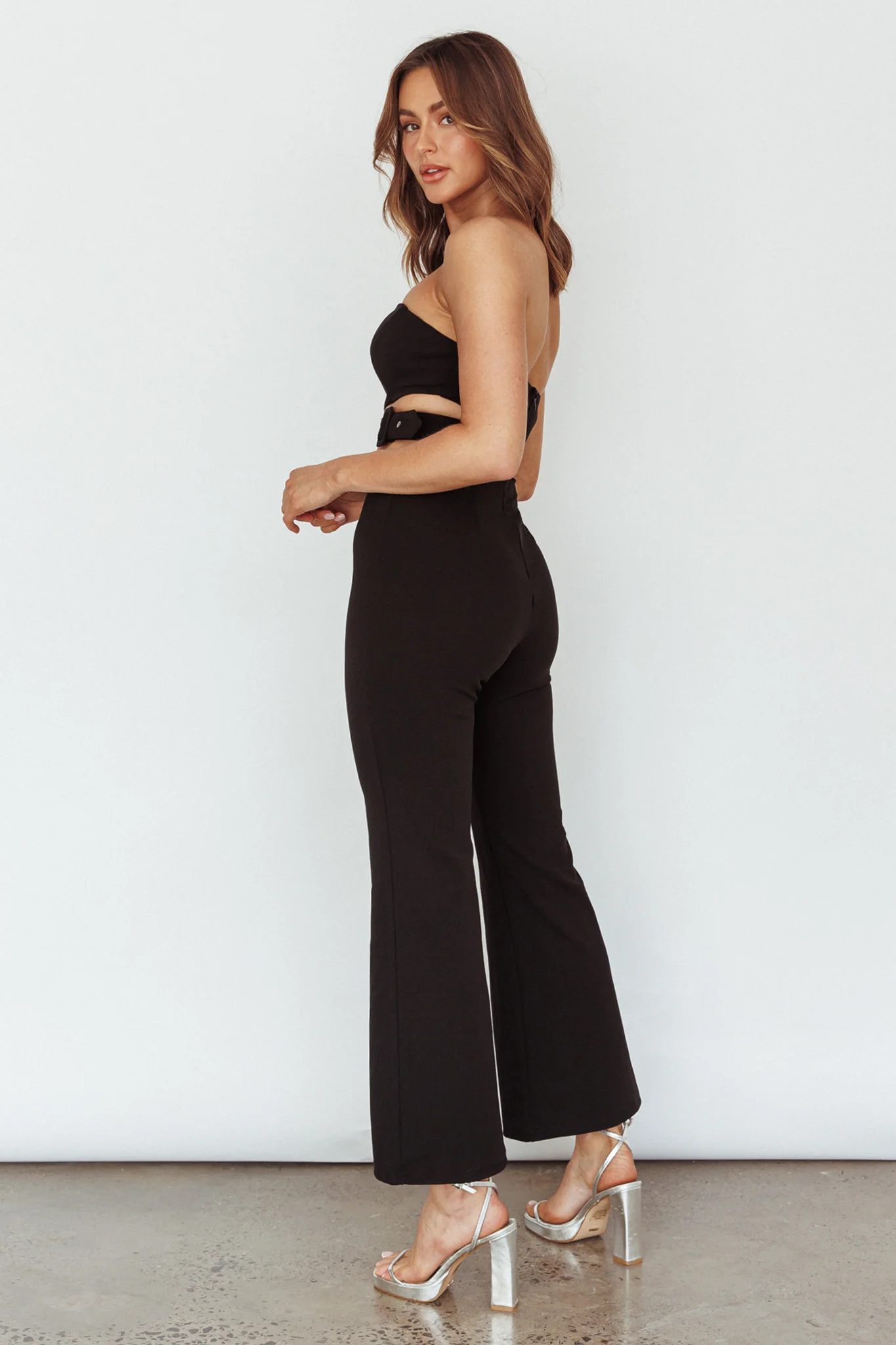 Glisten Cut-Out Buckle Waist Jumpsuit Black - Seraphlike