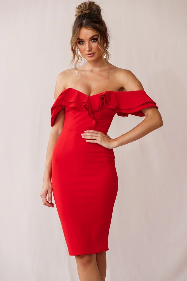 Rossi Ruffled Off The Shoulder Bodycon Dress Red - Seraphlike