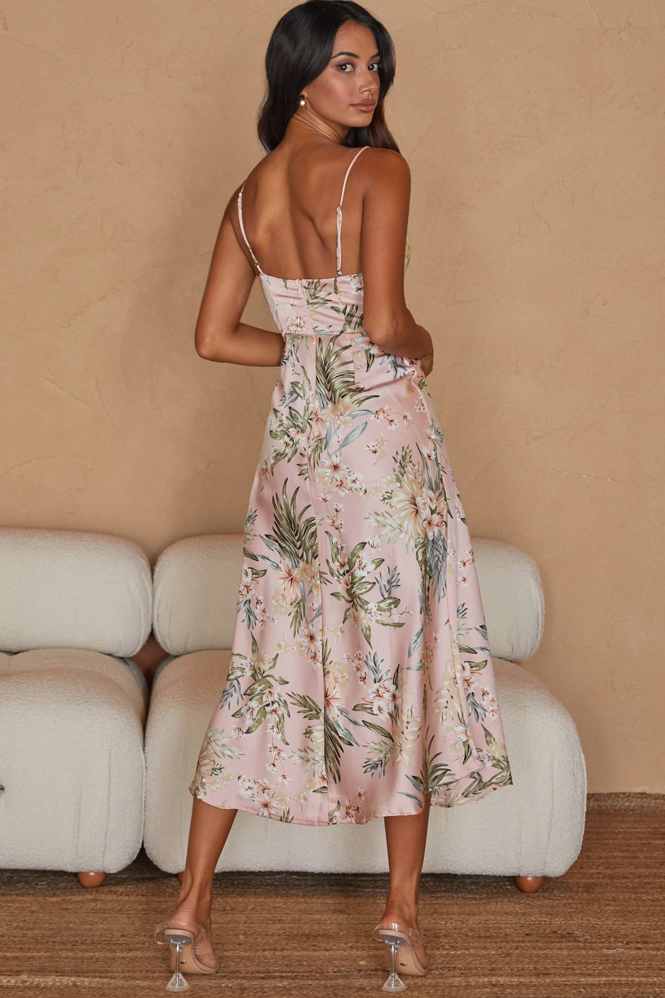 Suki Front Split Midi Dress Tropical Floral Print Pink - Seraphlike