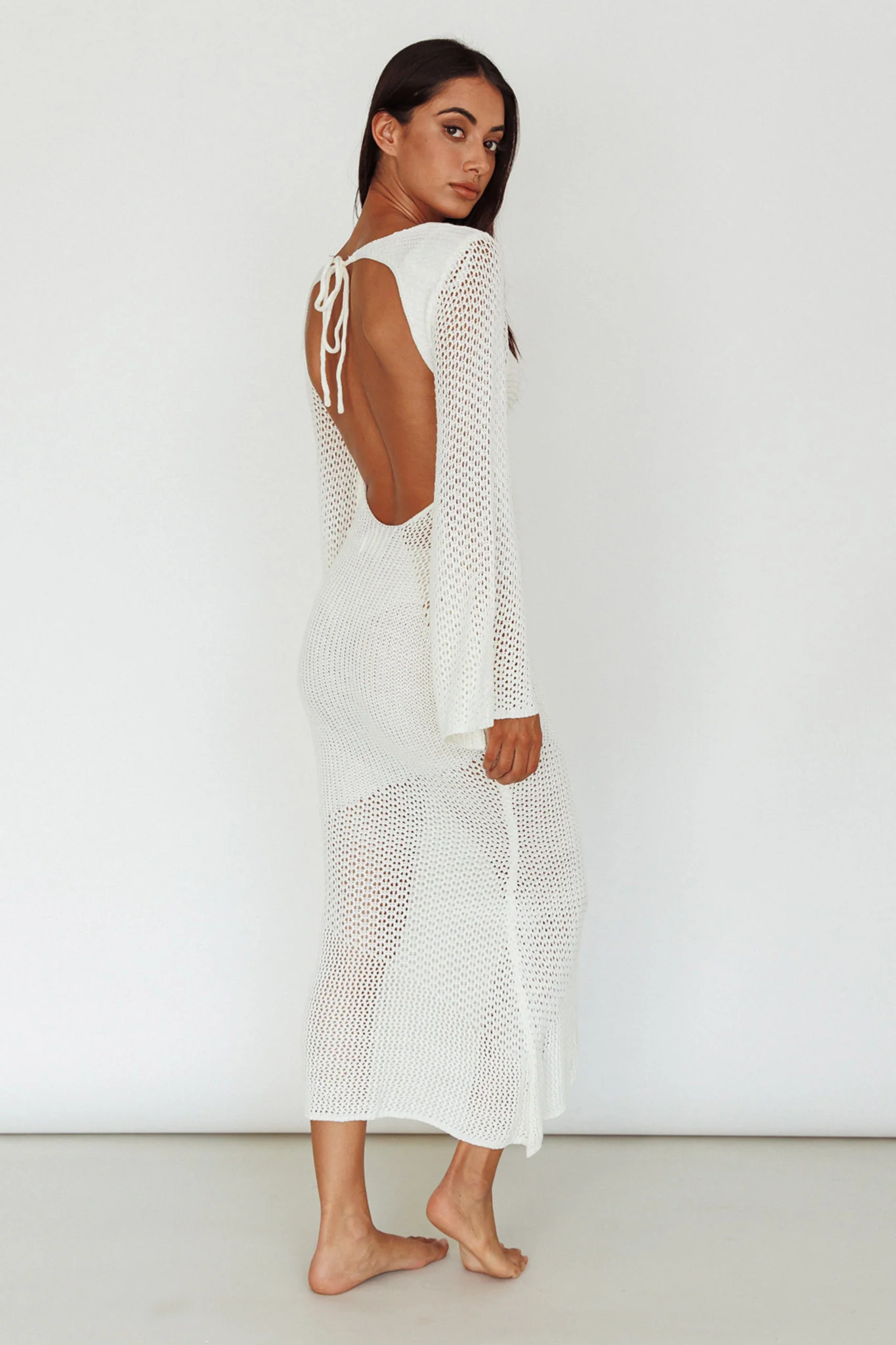Zizi Long Sleeve Crochet Maxi Dress White - Seraphlike