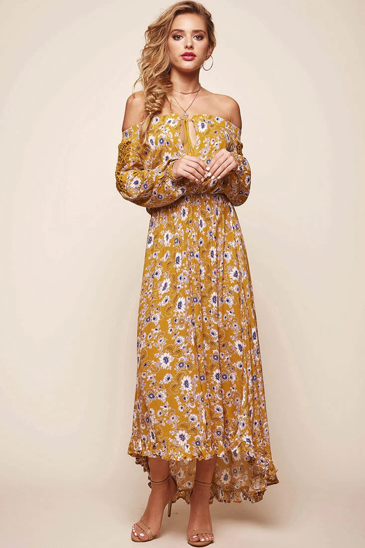 Mojave Off-Shoulder Floral Maxi Dress Mustard - Seraphlike