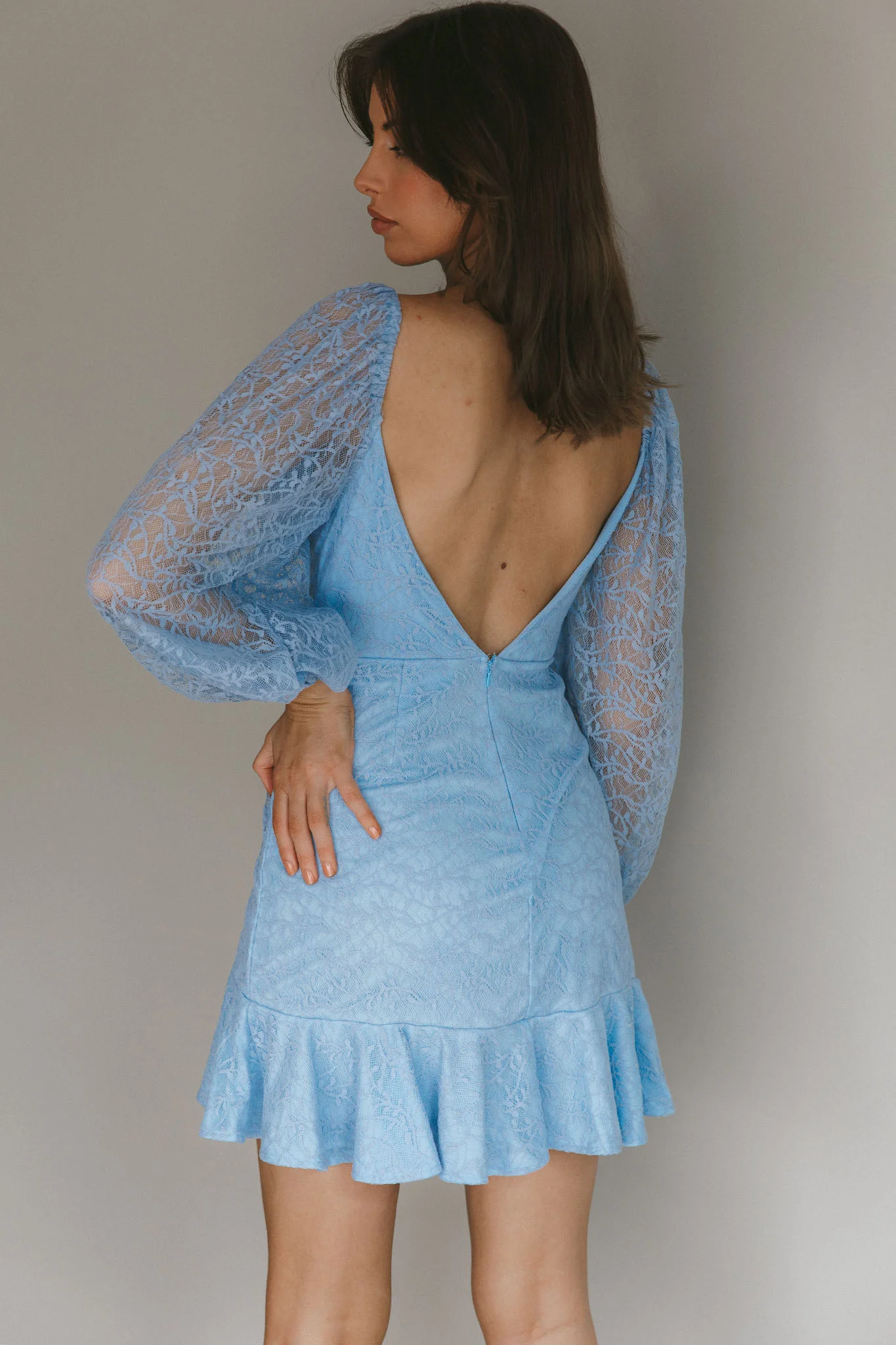 Halley Balloon Sleeve Frill Bust Flounce Hem Lace Dress Baby Blue - Seraphlike