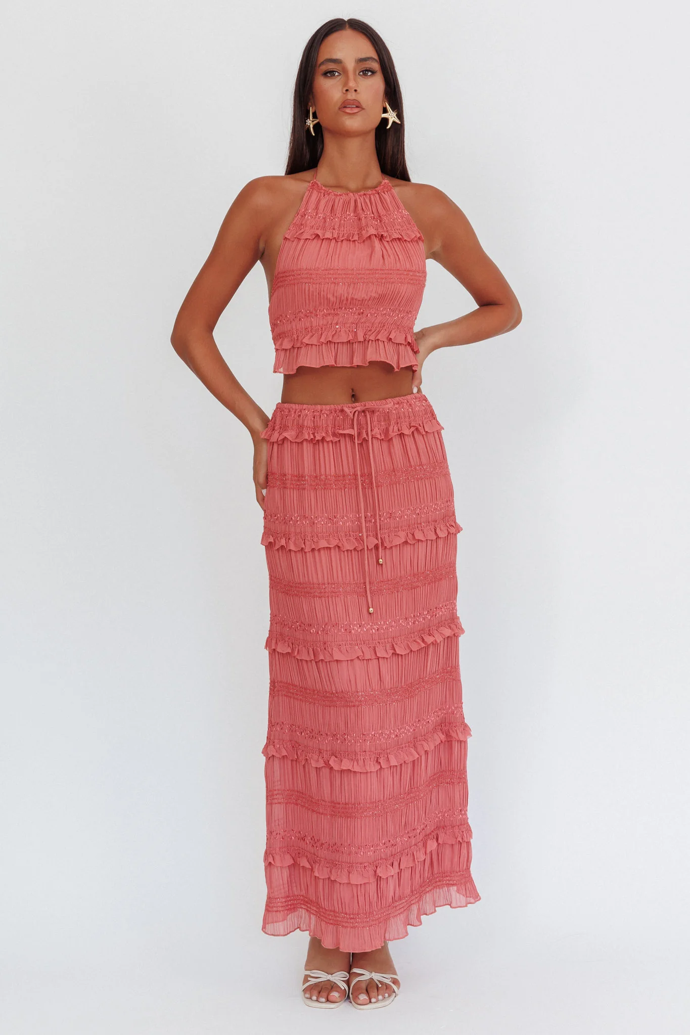 Helios Shirred Sequin Maxi Skirt Rose - Seraphlike