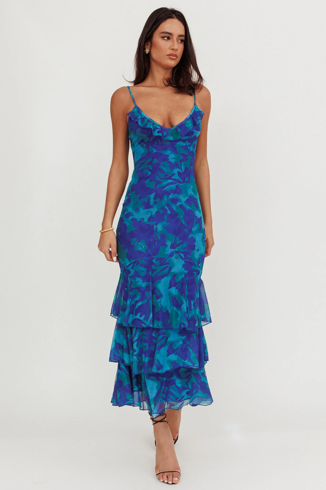 Oskar Tiered Ruffle Hem Mermaid Maxi Dress Abstract Blue - Seraphlike