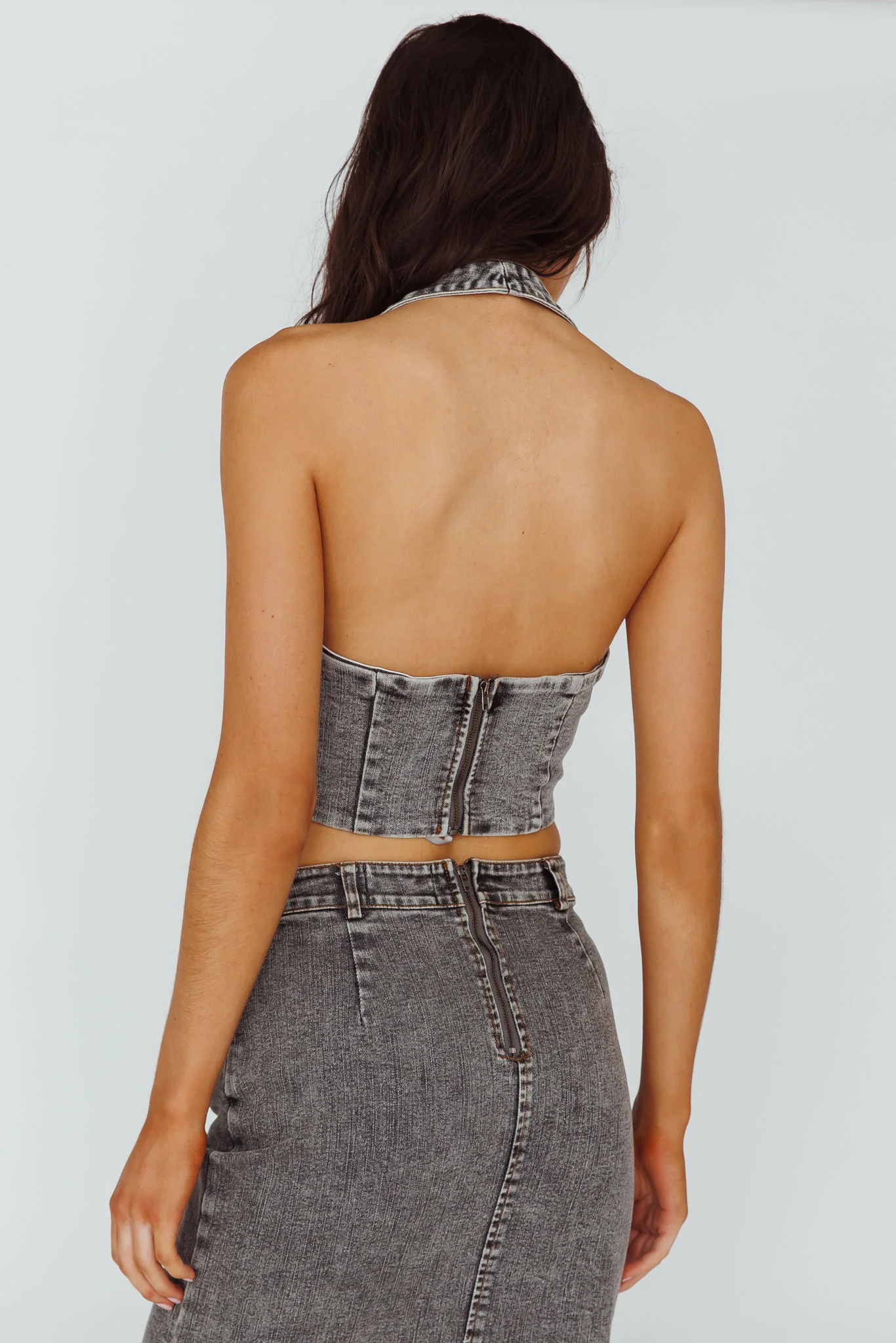 Zurich Halter Crop Top Denim Grey - Seraphlike