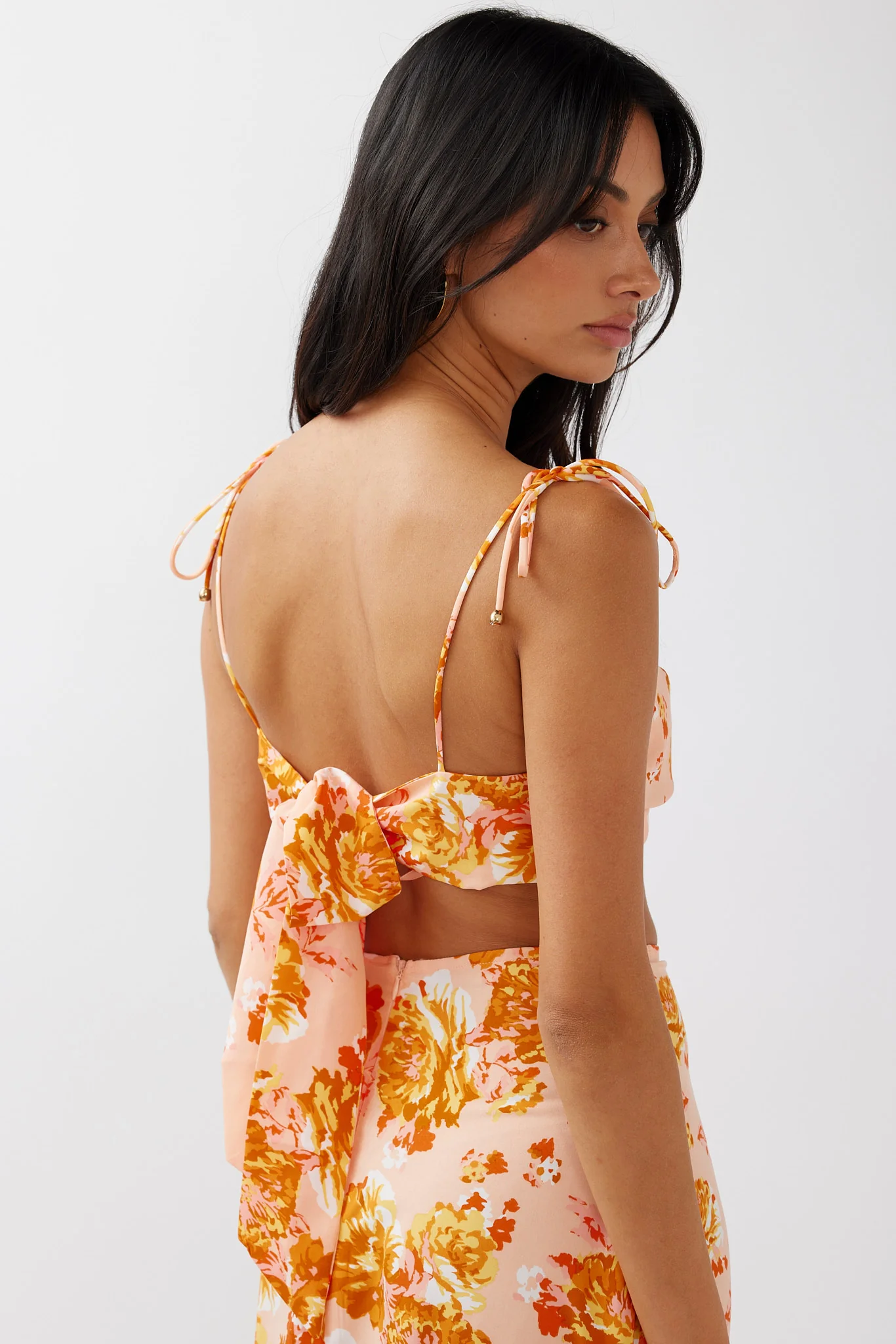 Gabbi Tied Shoulder Crop Top Floral Orange - Seraphlike