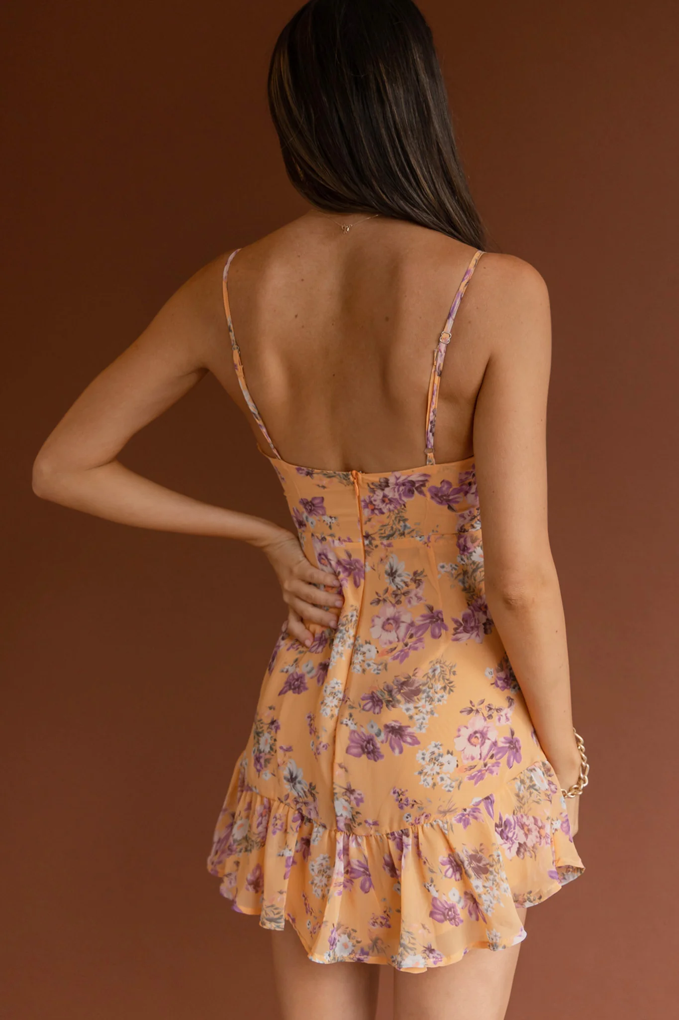 Good Vibes V-Neckline Frill Hem Dress Floral Orange - Seraphlike