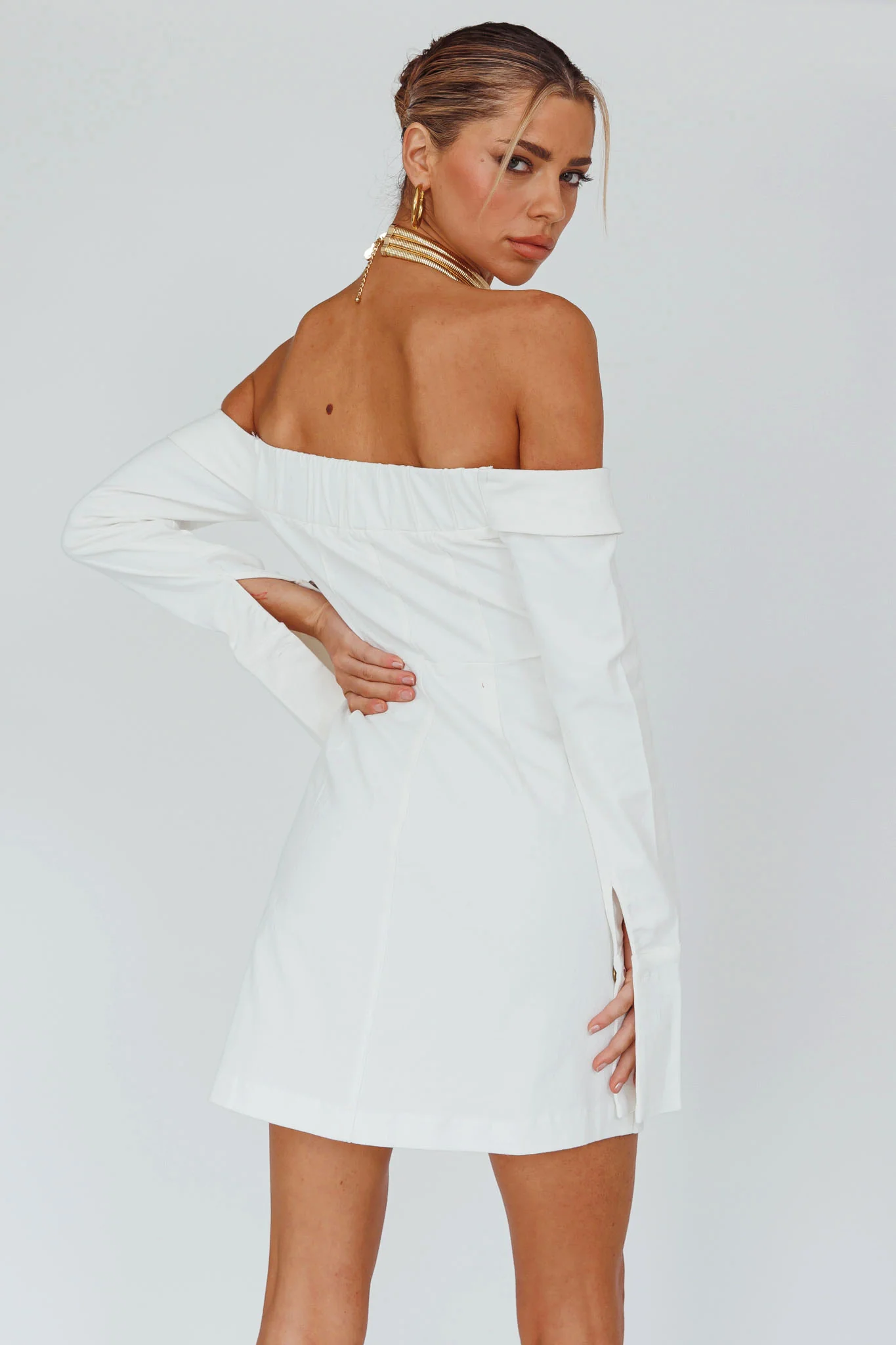 Tamra Long Sleeve Off-Shoulder Zip Dress White - Seraphlike