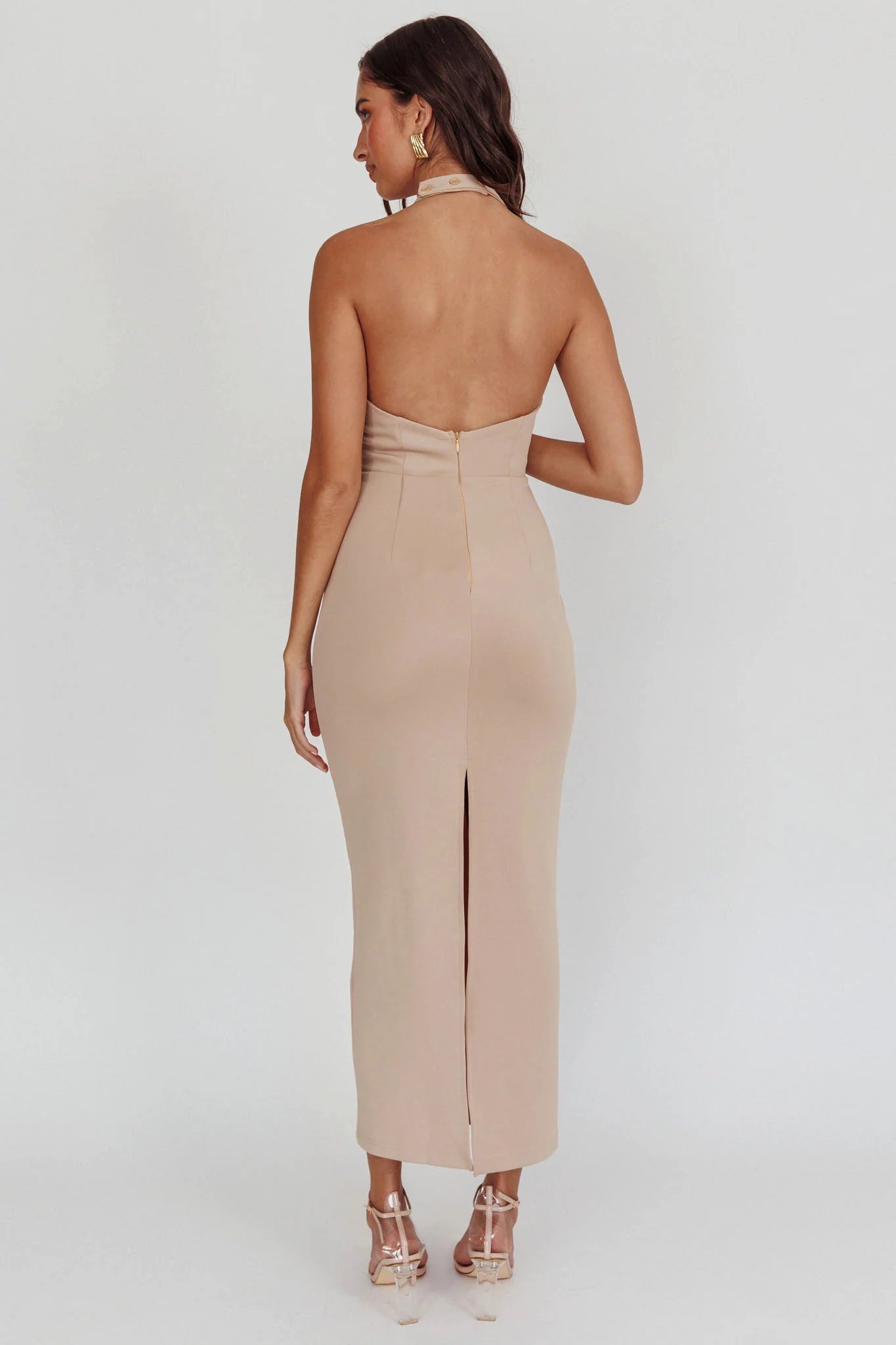 Goldfoil Halter Neck Maxi Dress Ecru - Seraphlike