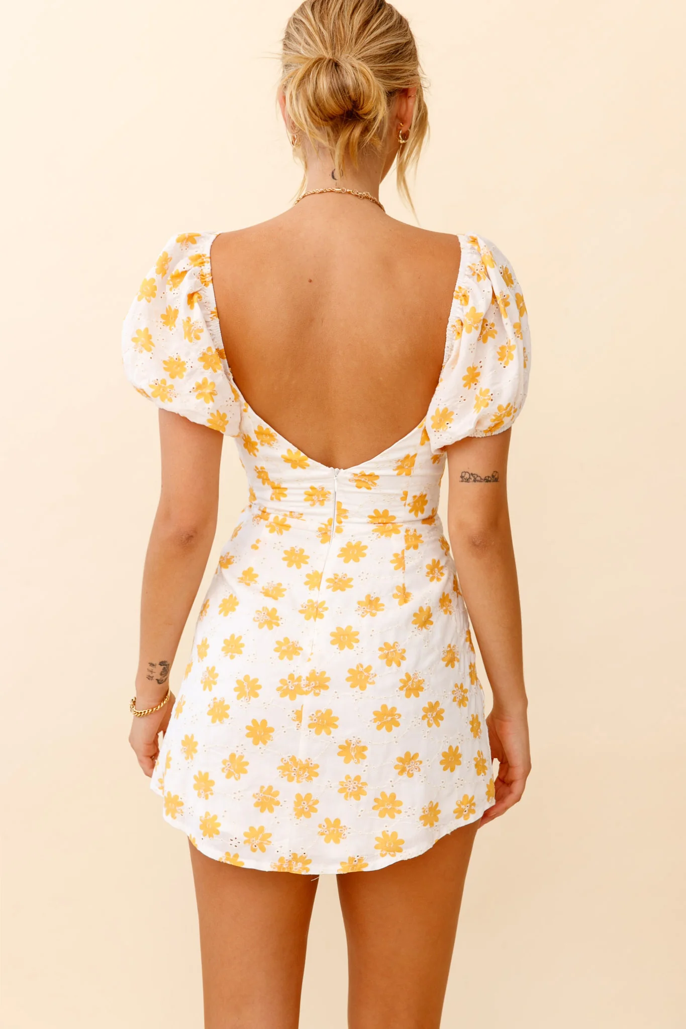 Sunshine Day Puff Sleeve Cutout Bust Dress Floral Print White/Yellow - Seraphlike