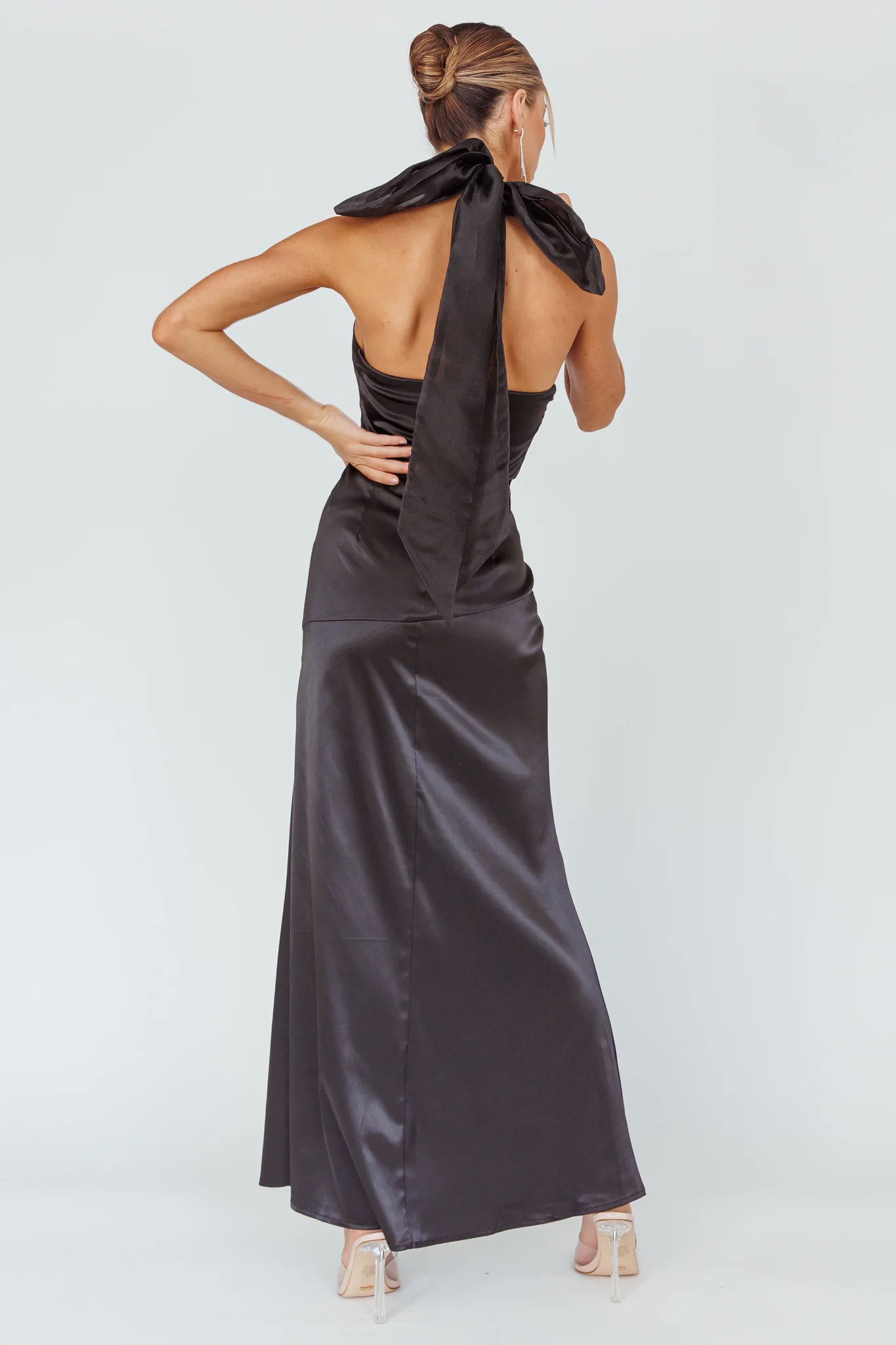 Andria Halterneck Bow Satin Maxi Dress Black - Seraphlike